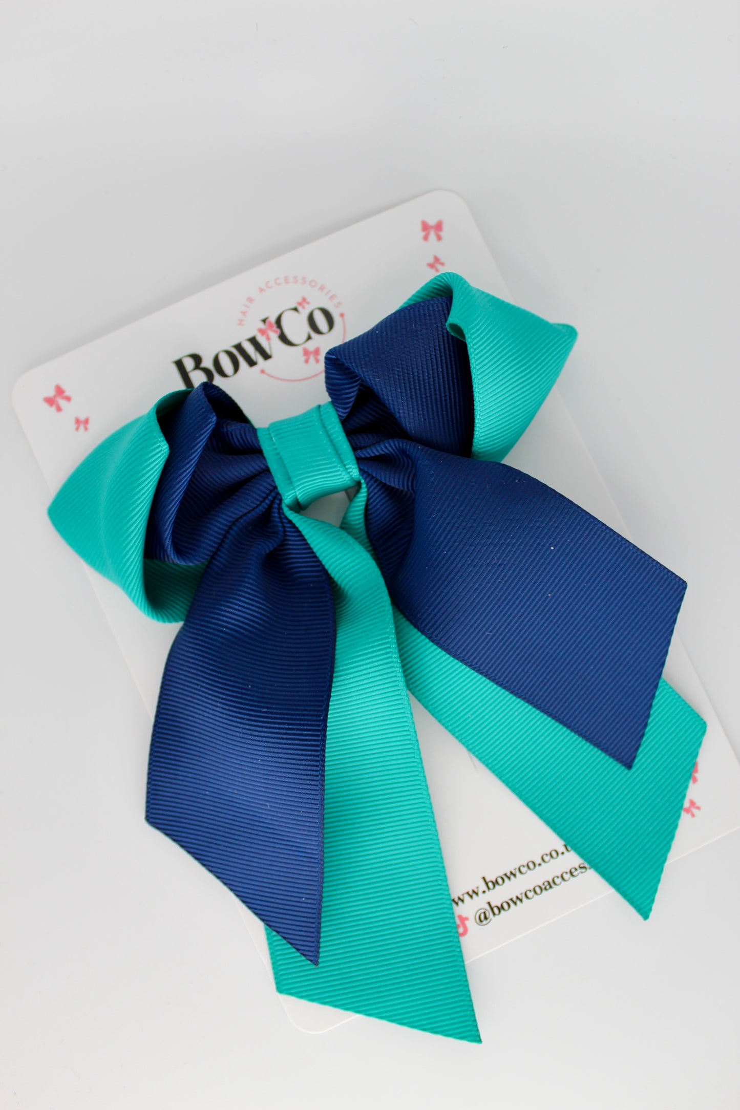 Layer Loop Tail Hair Bow - Clip - Jade Green and Navy Blue