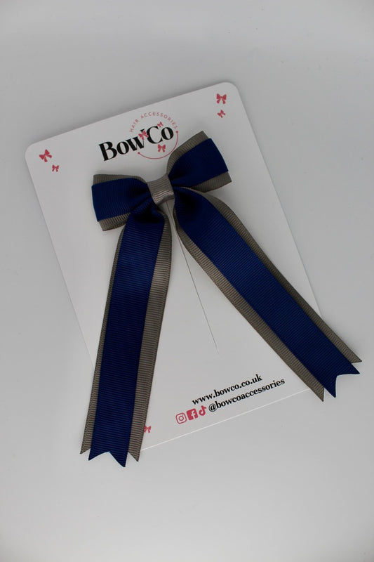 Tuxedo Tails School Hair Bow – Clip - Navy and Metal Grey