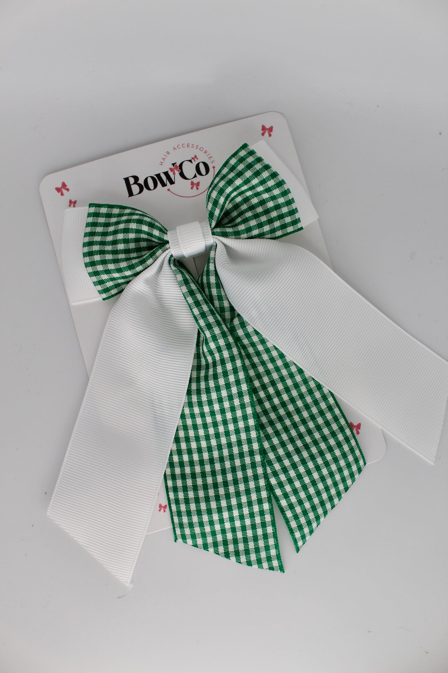 Double Layer Tail Bow - Green Gingham - Clip