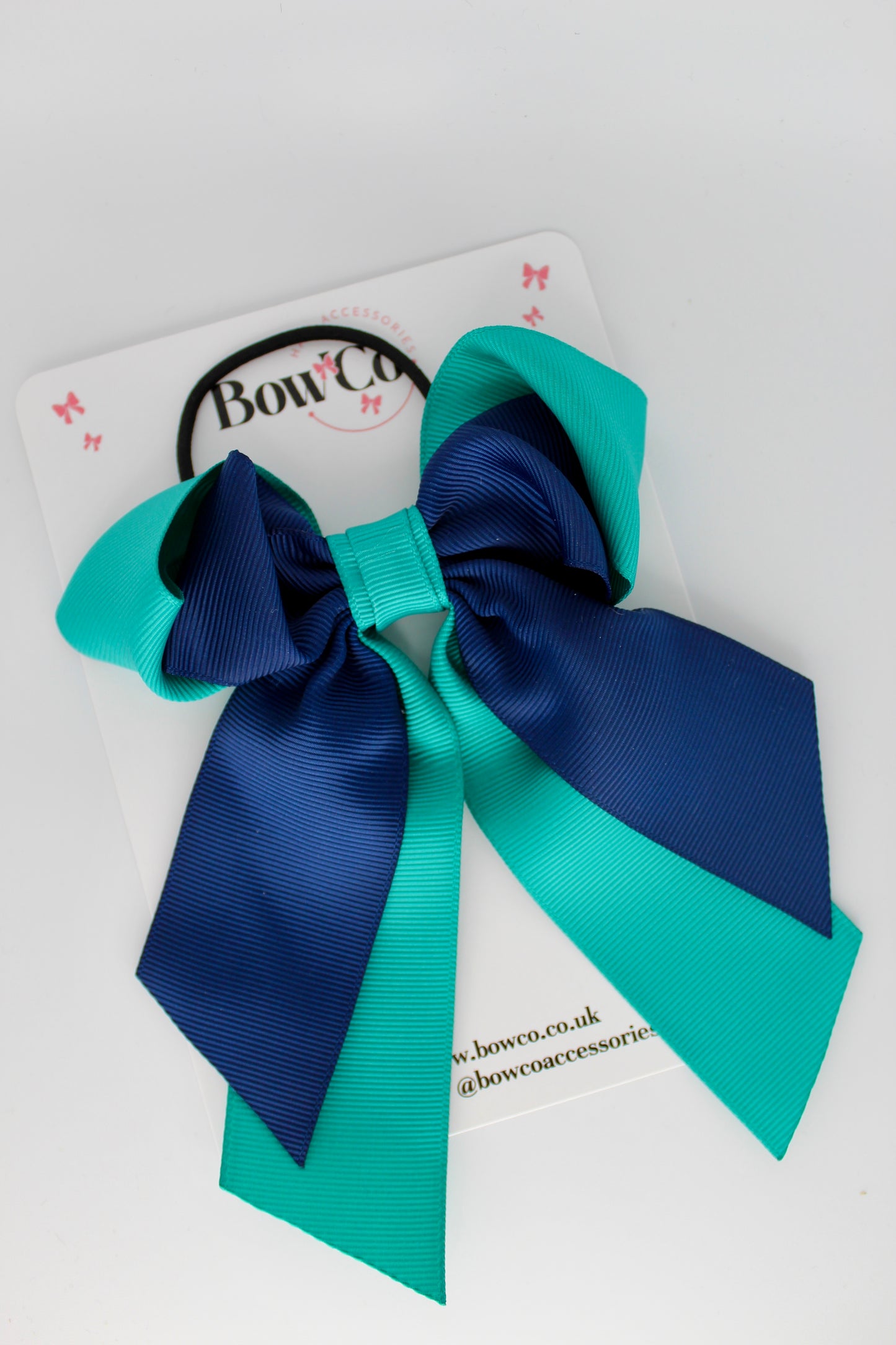 Layer Loop Tail Hair Bow - Elastic - Jade Green and Navy Blue