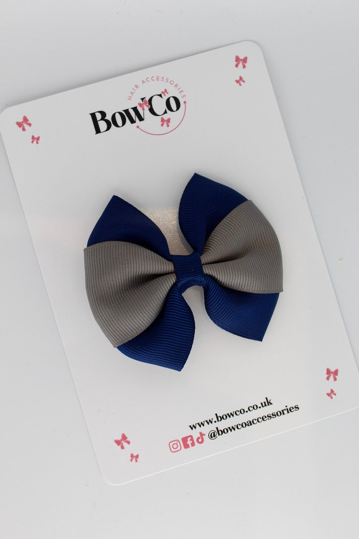 Navy Blue and Metal Grey - Round Tuxedo Bow - Clip