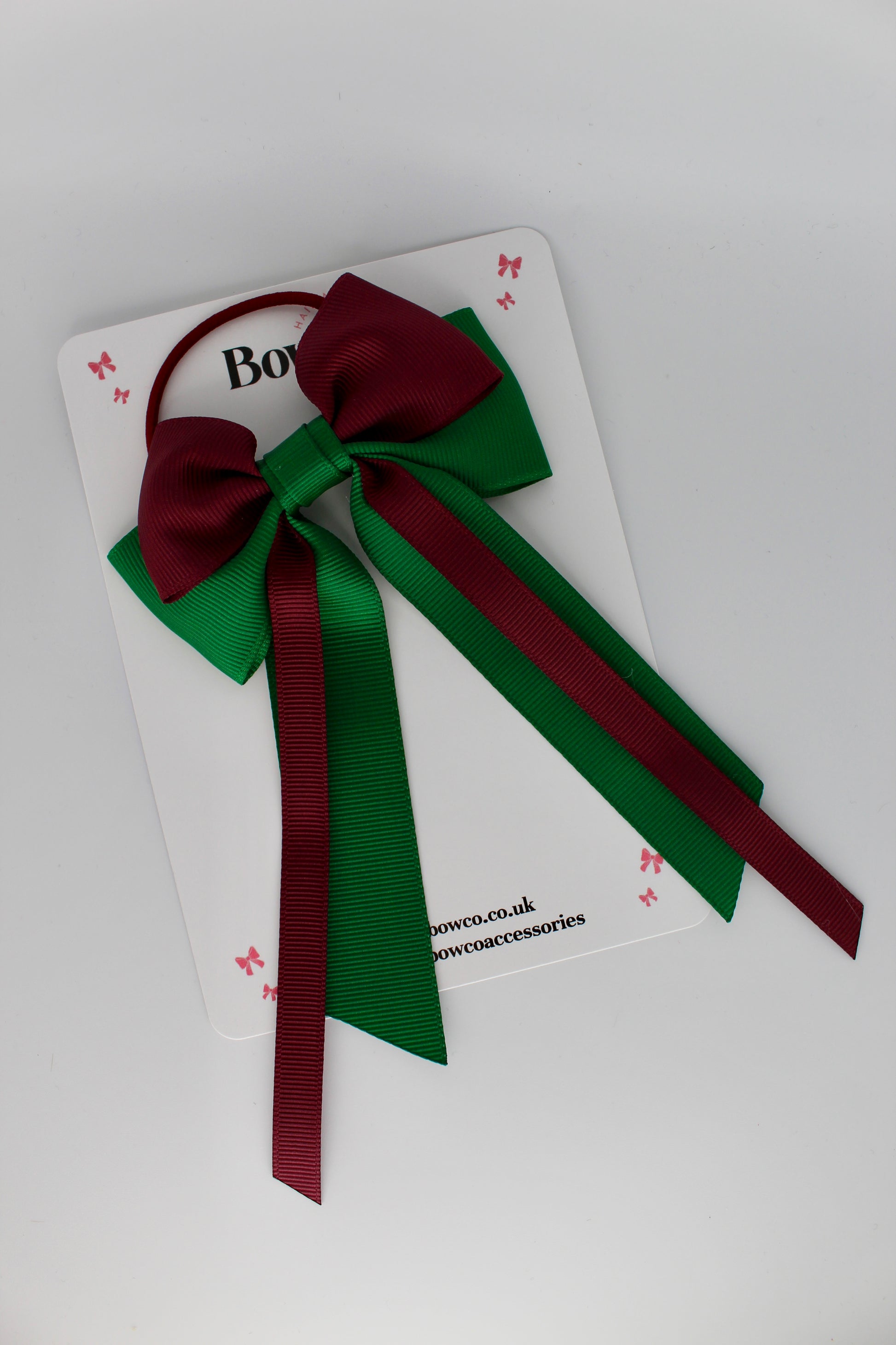 Streamer Tail School Hair Bow – Elastic - Forest Green and Burgundy