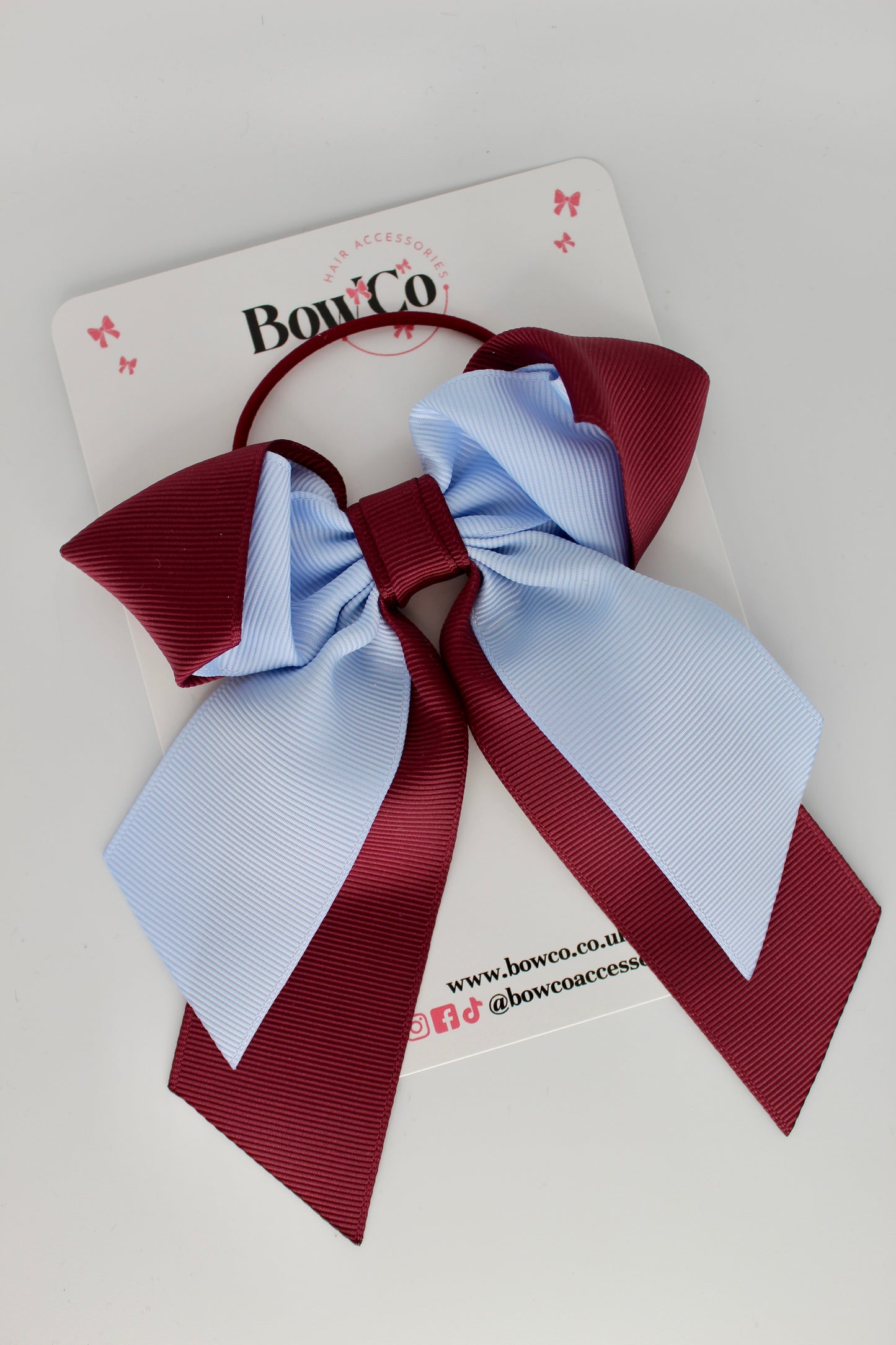 Layer Loop Tail Hair Bow - Elastic - Burgundy and Bluebell