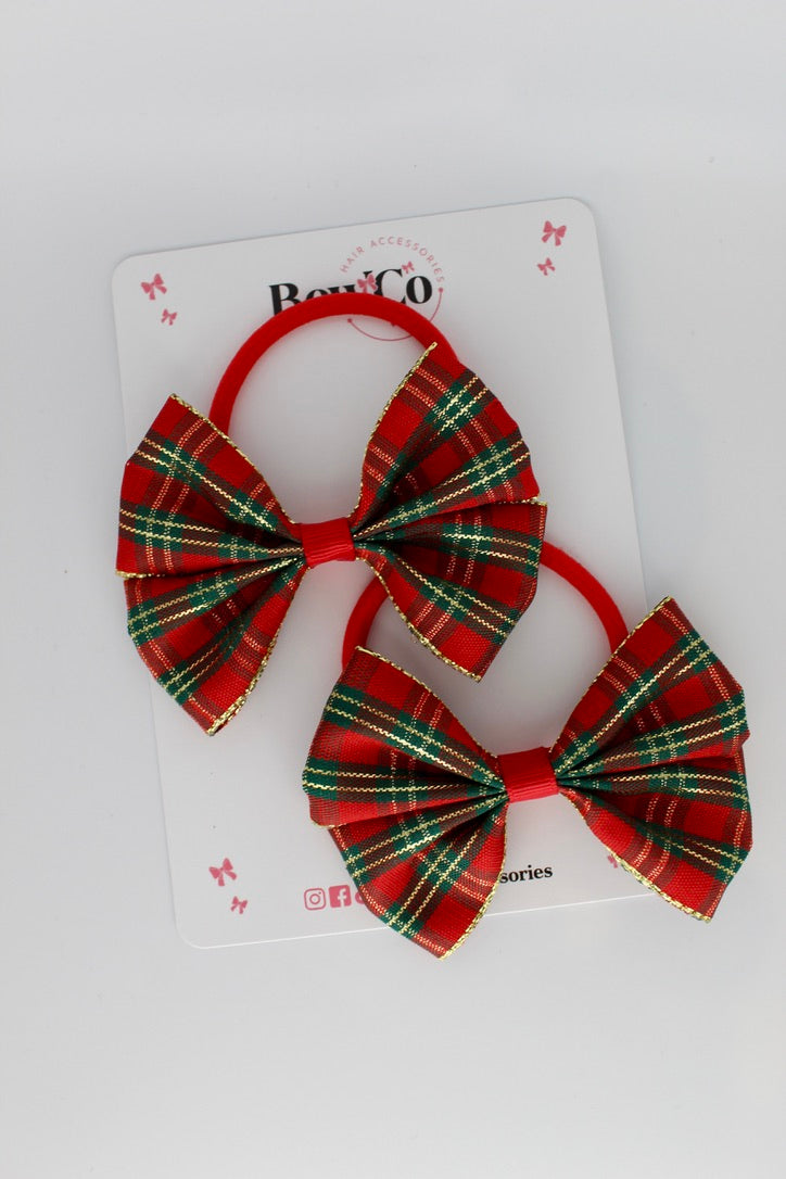 Red Gold Tartan Twist Bows Set - Elastic