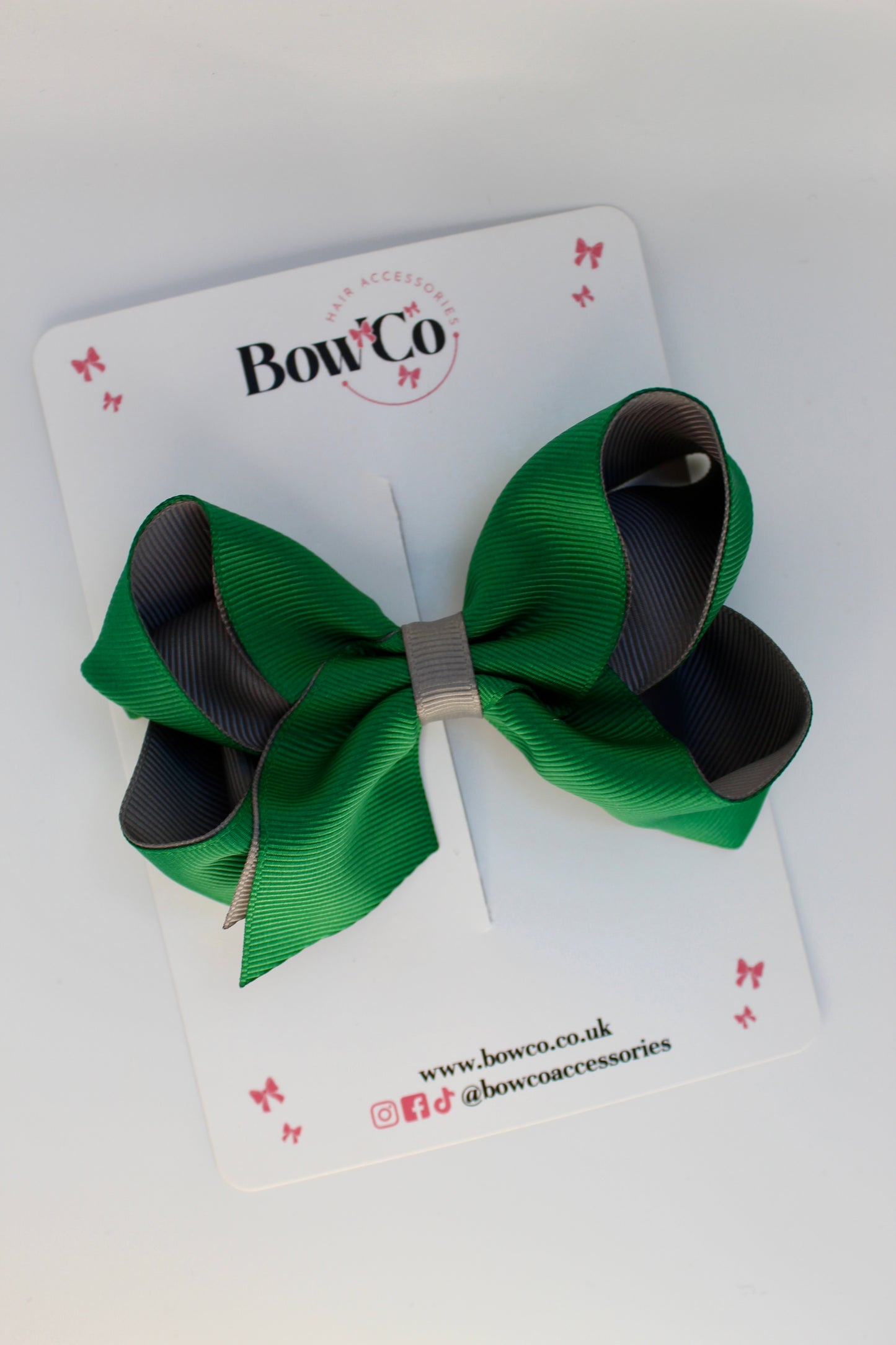 School Forest Green and Grey Bow - Loop Bow - Clip