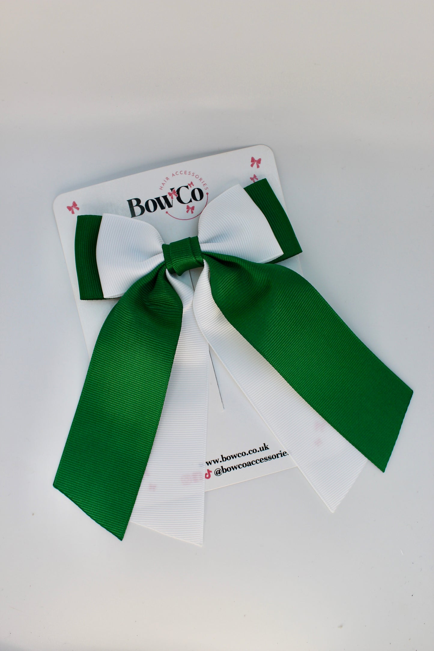 School Green and White Bow - Double Layer Tail Bow - Clip