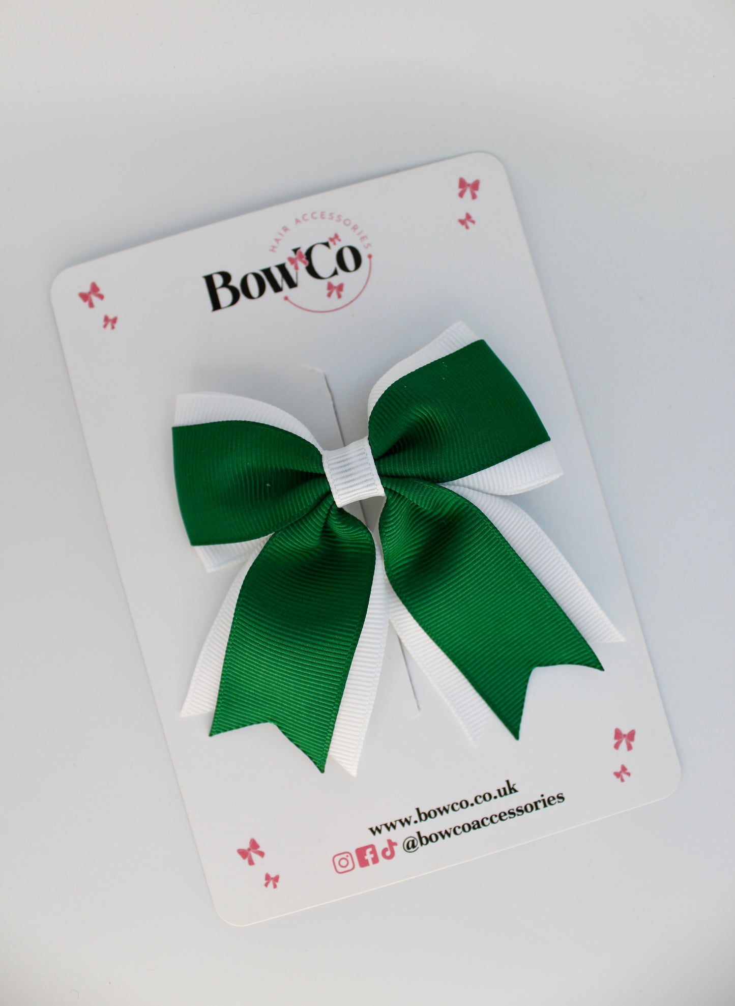 School Bow Green and White - Tail Bow Clip