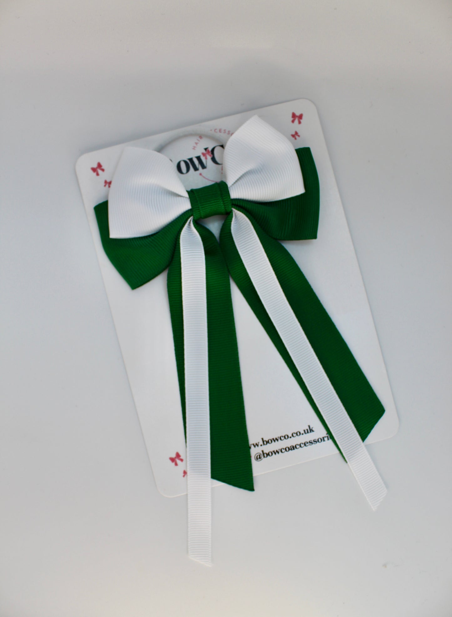 Streamer Tail School Hair Bow – Elastic - Forest Green and White