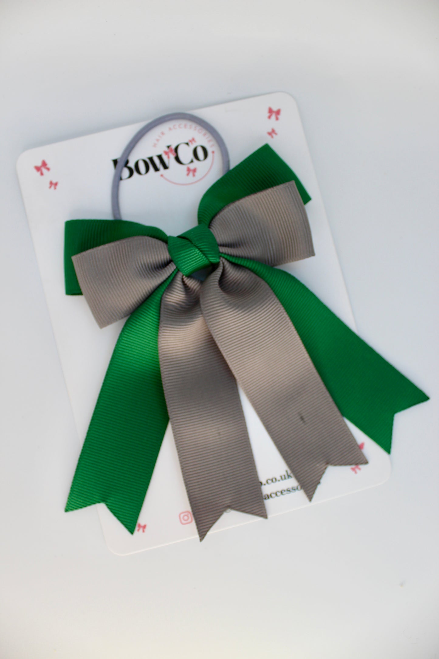 School Bow Green and Grey - Double Ribbon Tail – Elastic