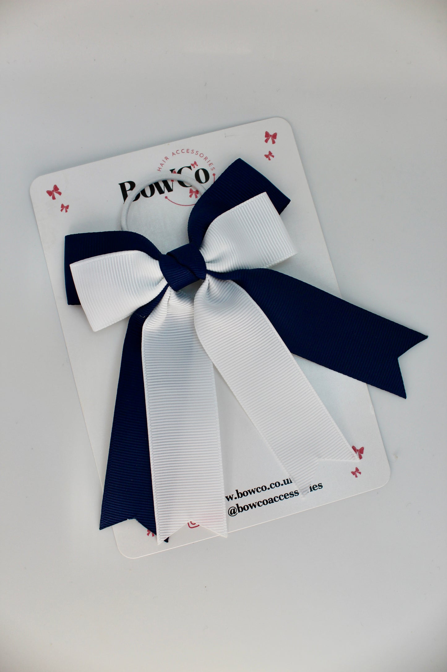 School Navy Blue and White Bow - Double Ribbon Tail – Elastic
