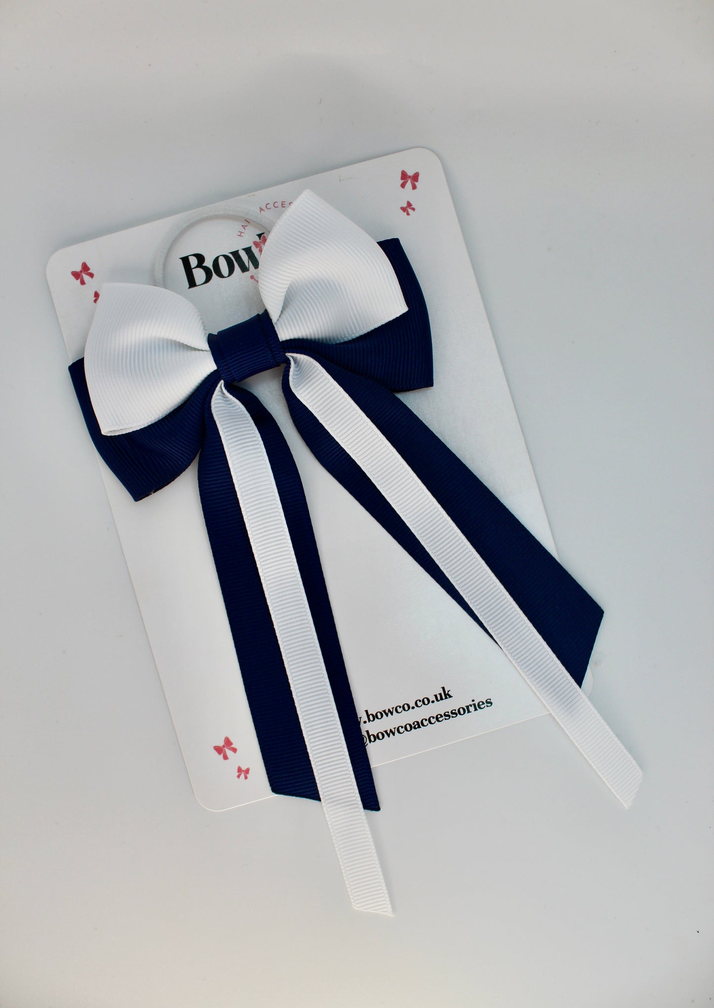 Streamer Tail School Hair Bow – Elastic - Navy Blue and White