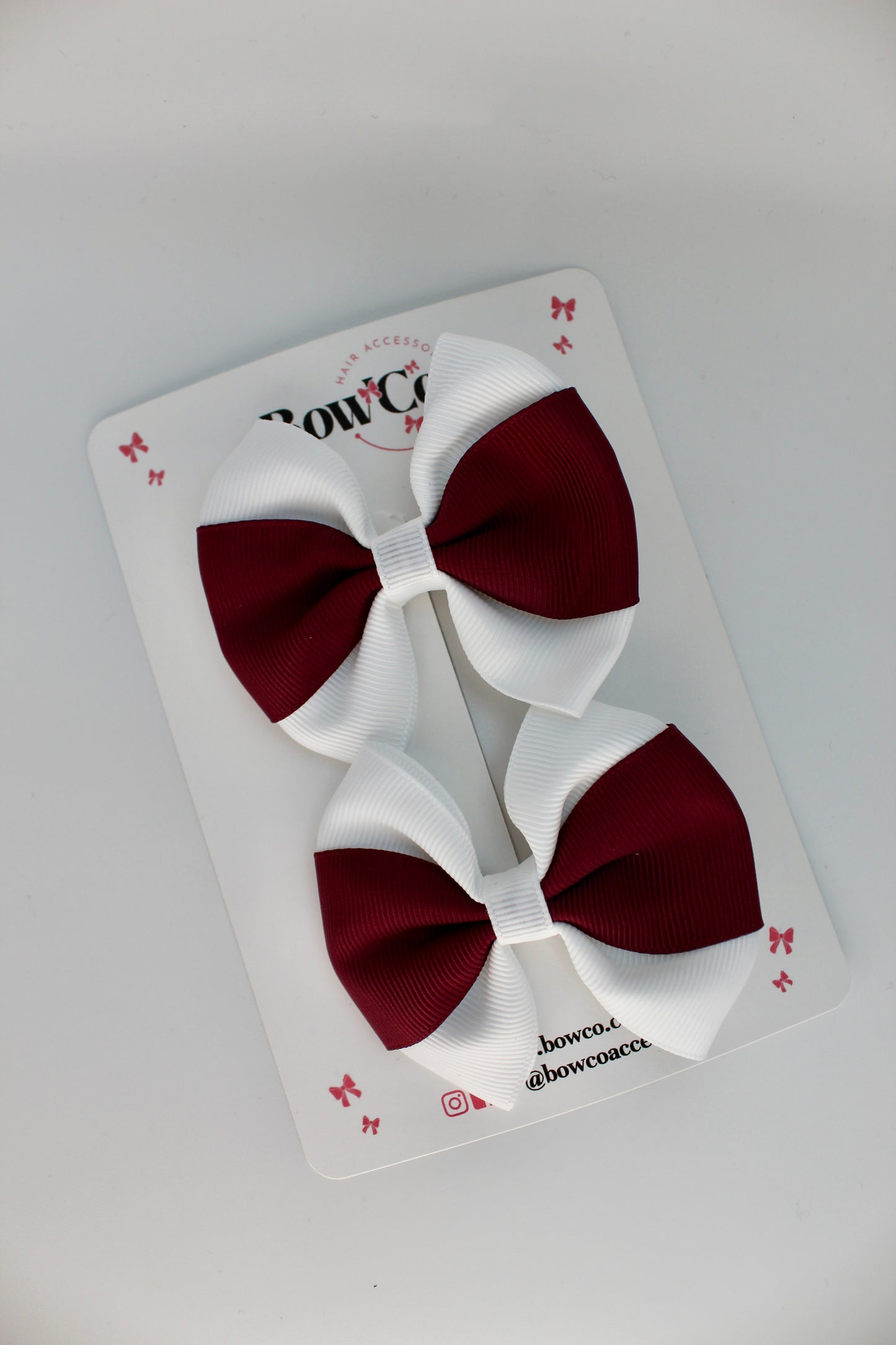 School Bows Burgundy and White - Round Tuxedo Bow Set - Clip