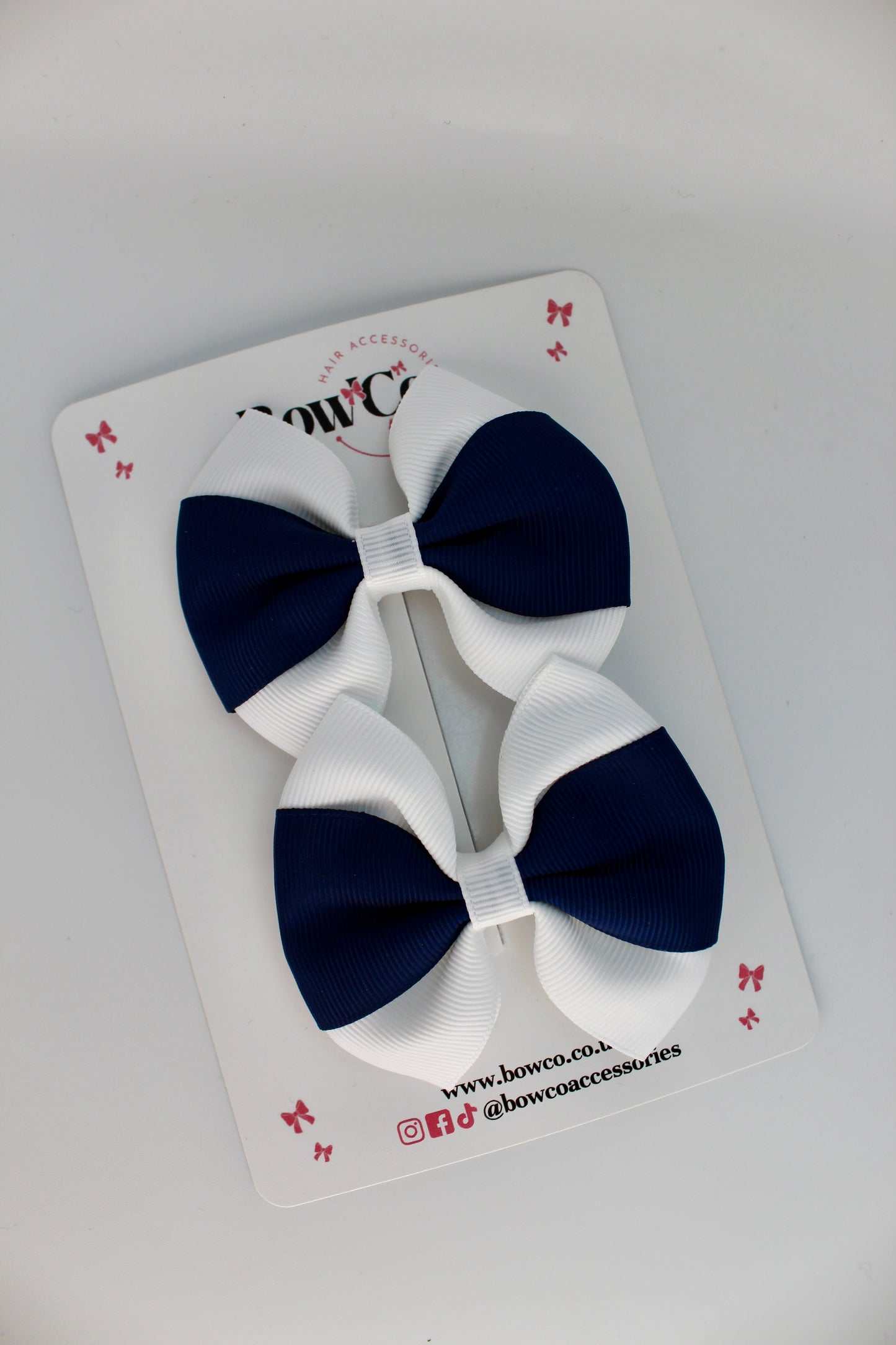 School Bows Navy and White Blue - Round Tuxedo Bow Set - Clip