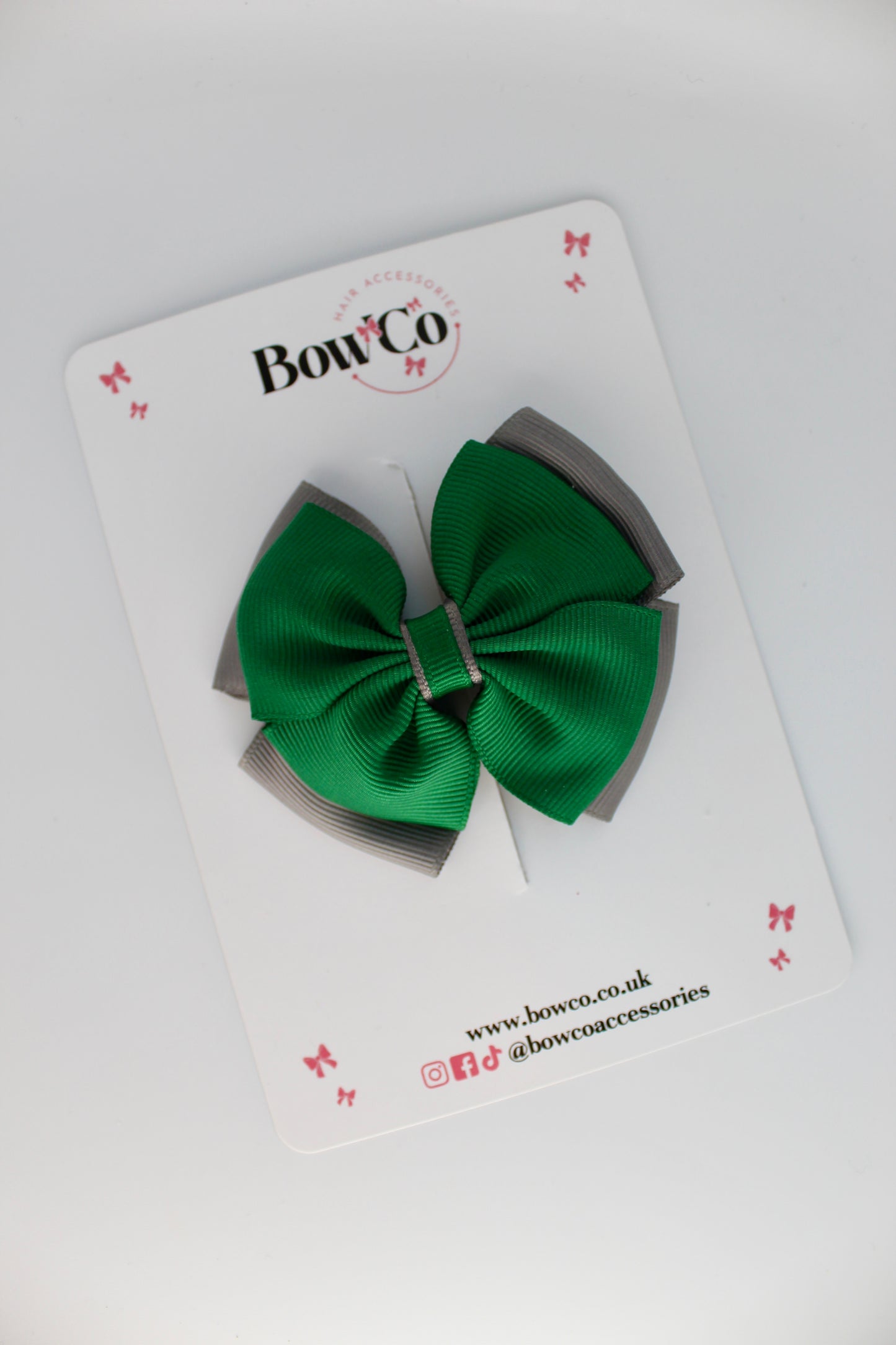 School Bow Forest Green and Grey - Layer Edge Bow - Clip