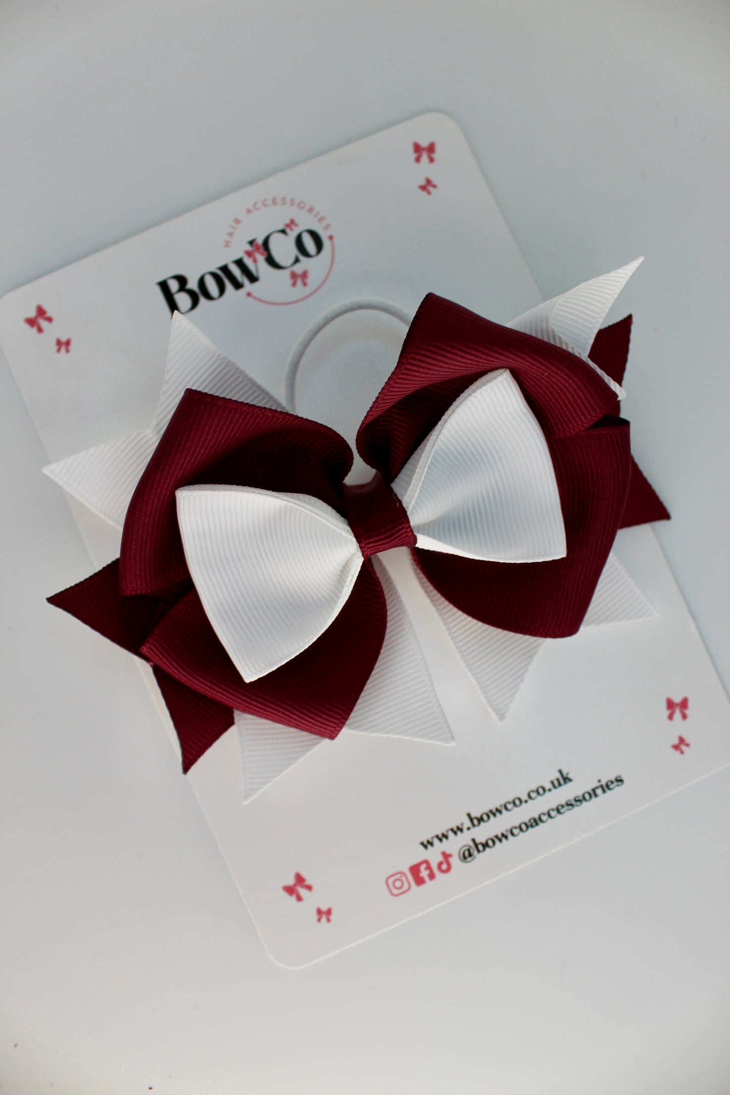 School Bow Burgundy and White - Layer Bow - Elastic