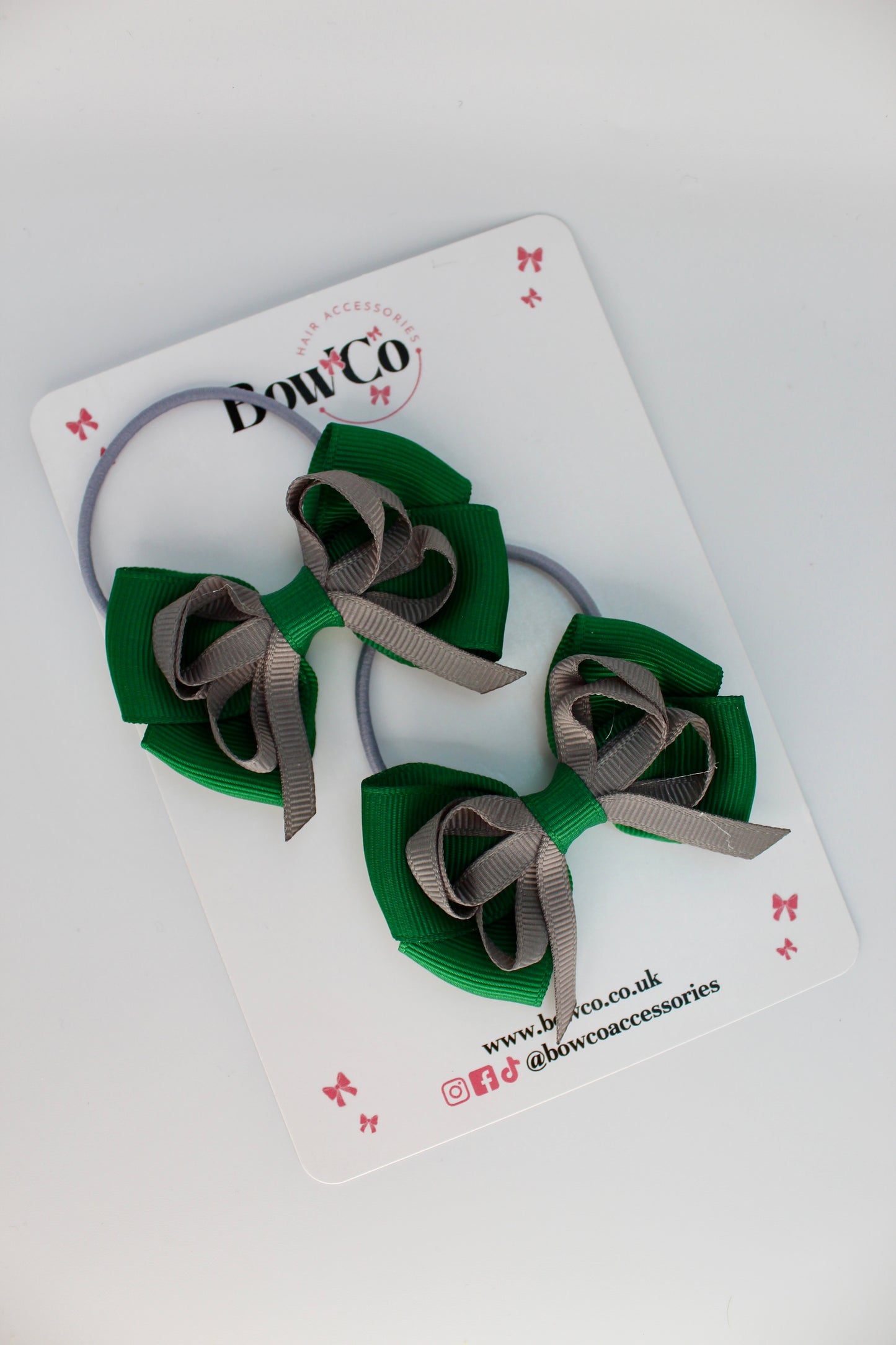 School Bows Forest Green and Grey - Double Bow Set - Elastic
