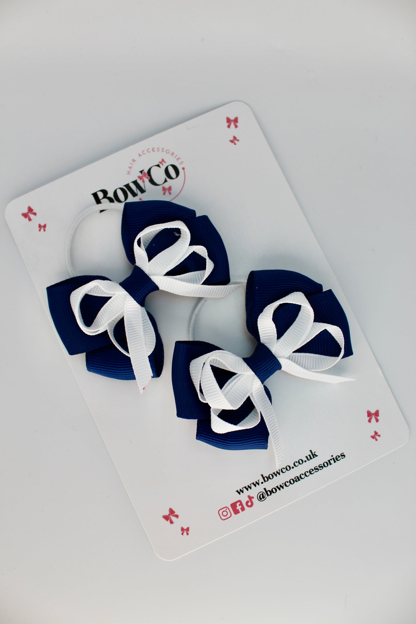 School Bows Navy Blue and White - Double Bow Set - Elastic