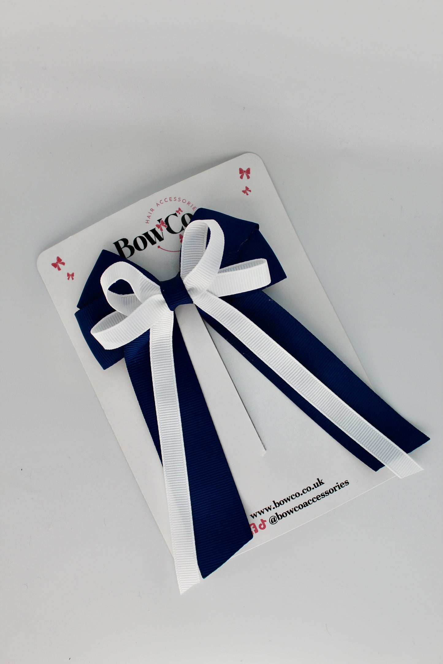 School Bow Navy Blue and White - Loop Bow Tail Clip
