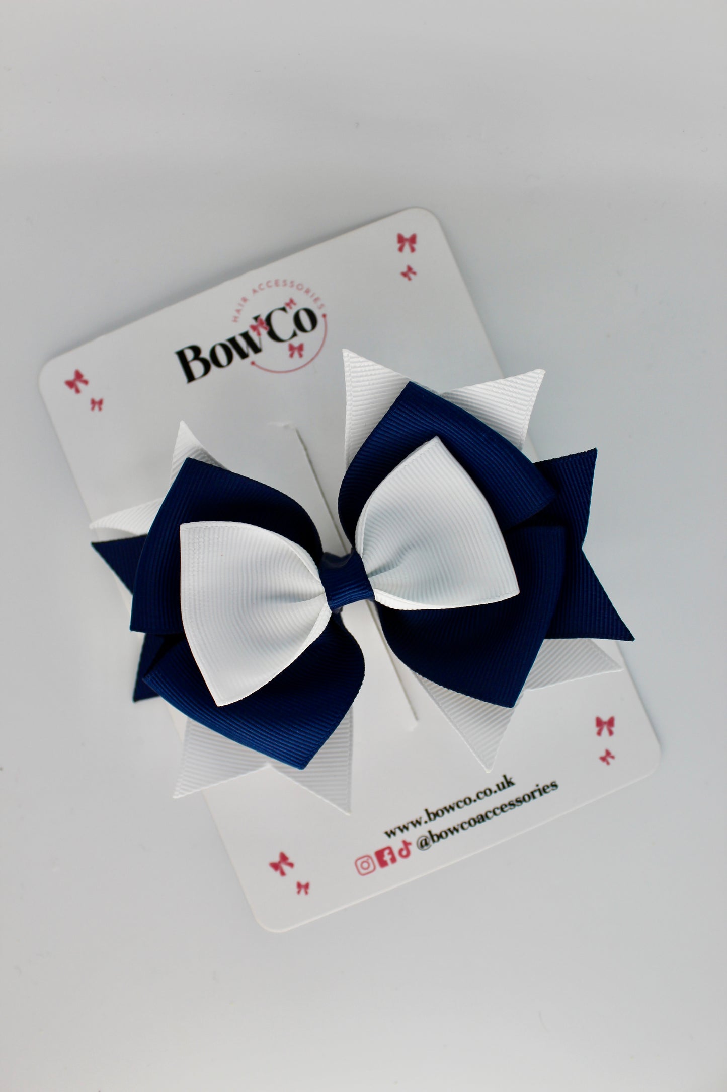 School Bow Navy Blue and White Layer Bow - Clip