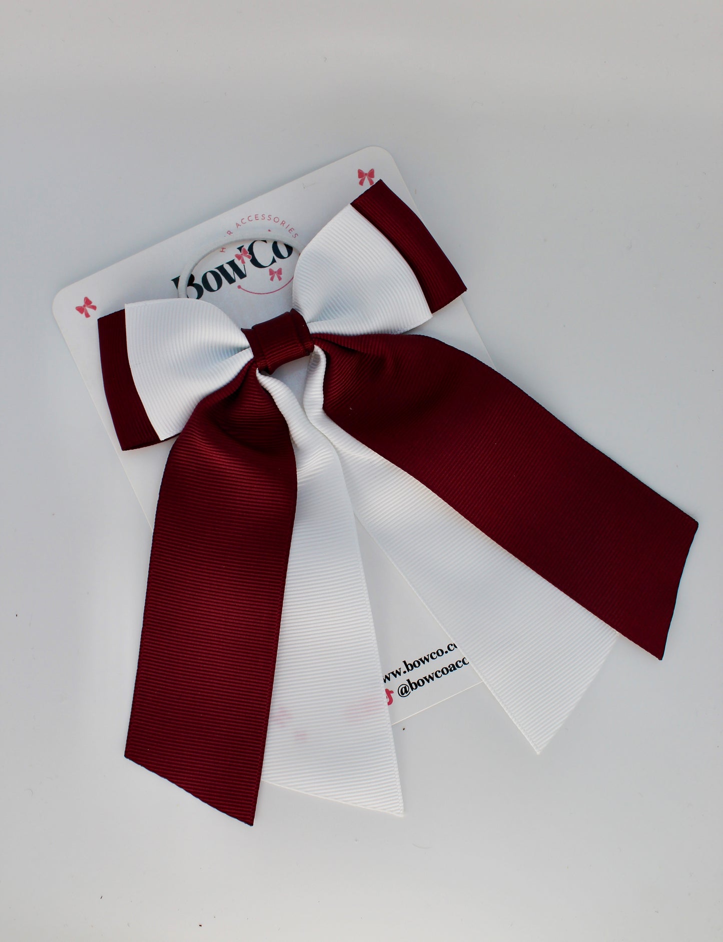 School Bow Burgundy and White - Double Layer Tail Bow – Elastic