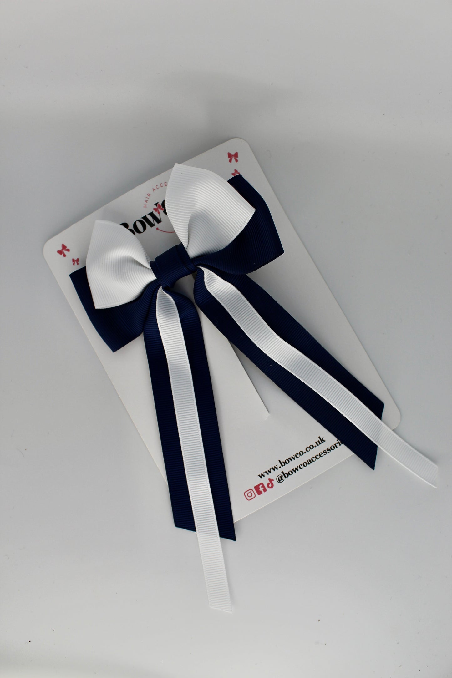 School Bow Navy Blue and White Streamer Tail Bow - Clip