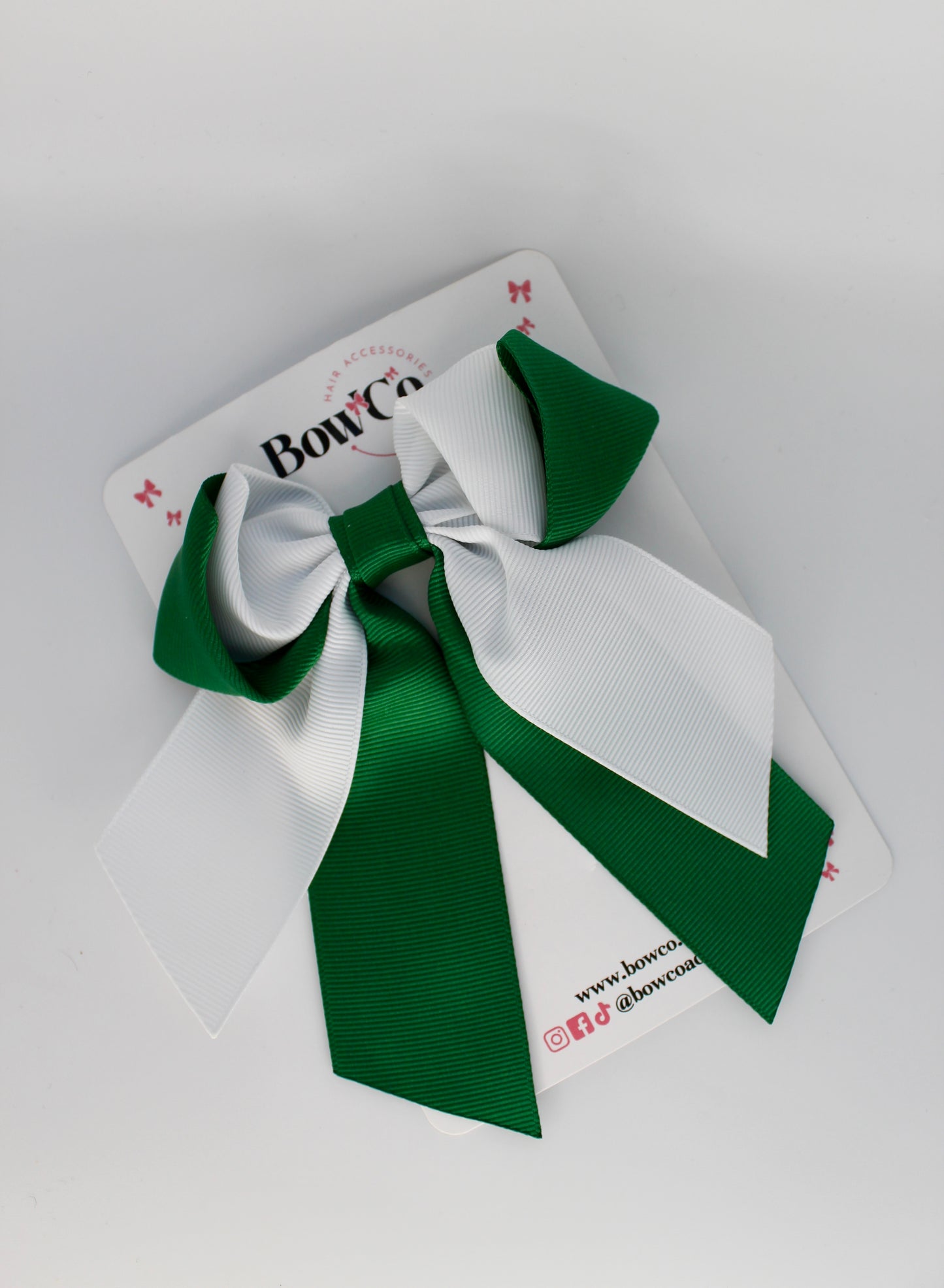 School Bow - Forest Green and White - Loop Tail Hair Bow - Clip