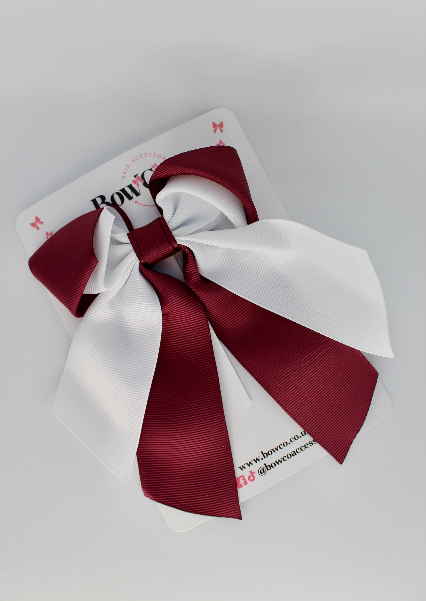 School Bow - Burgundy and White - Loop Tail Hair Bow - Clip