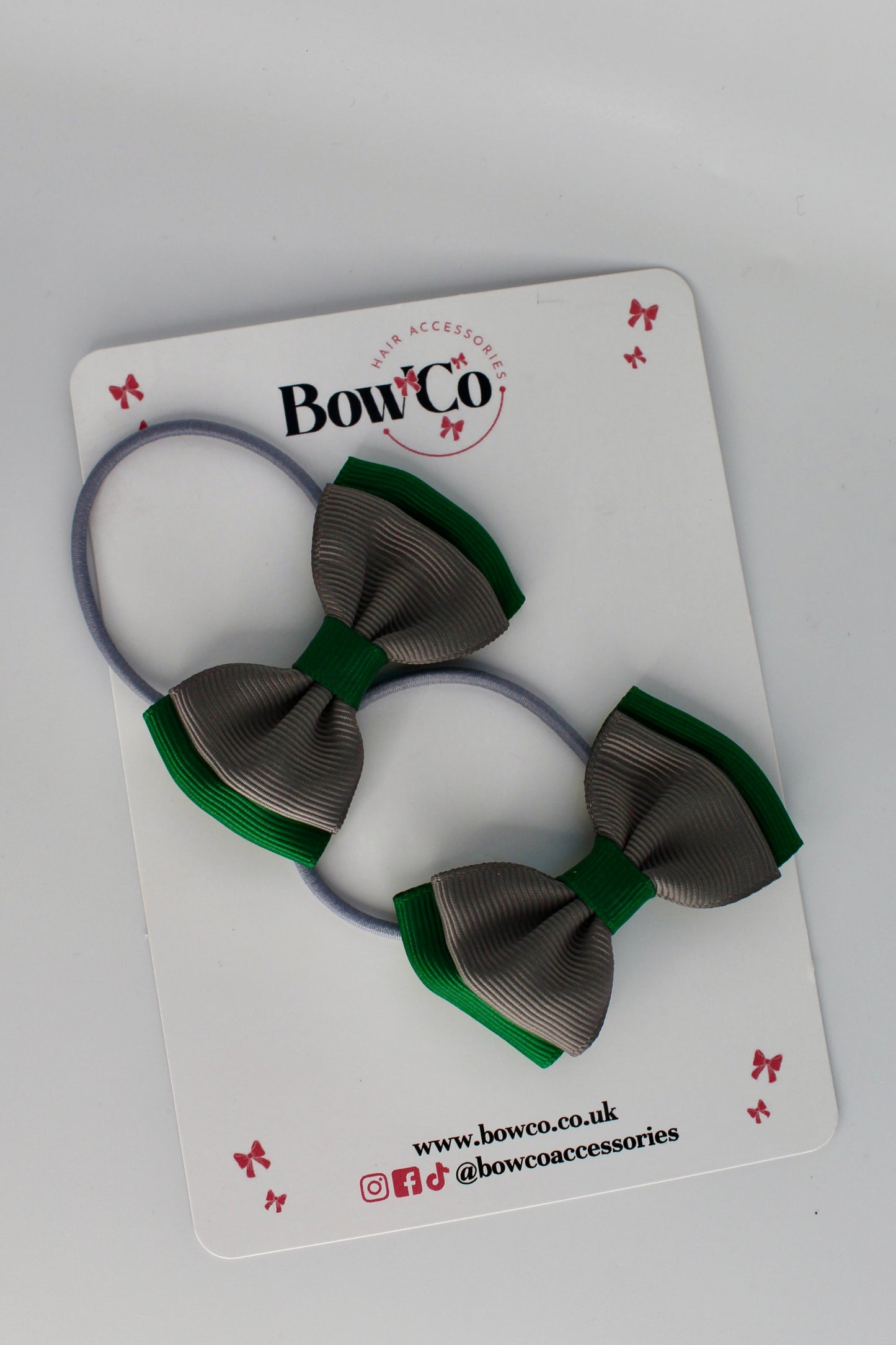 School Bows Forest Green and Grey - Double Ribbon Bow Set - Elastic
