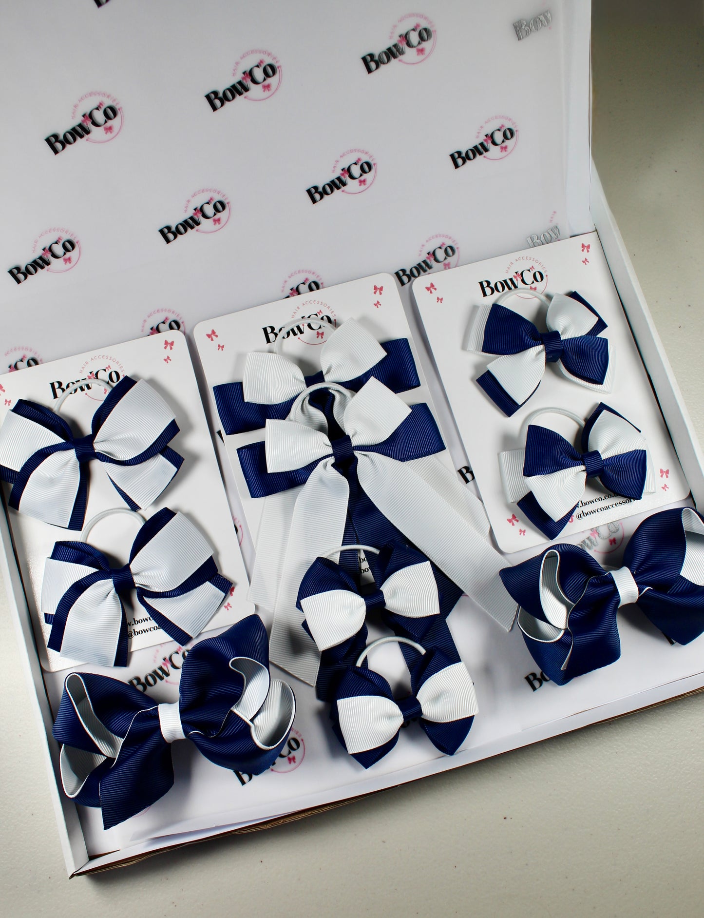 School Bow Bundle Saver - 10 Pack - Navy Blue and White - Elastic