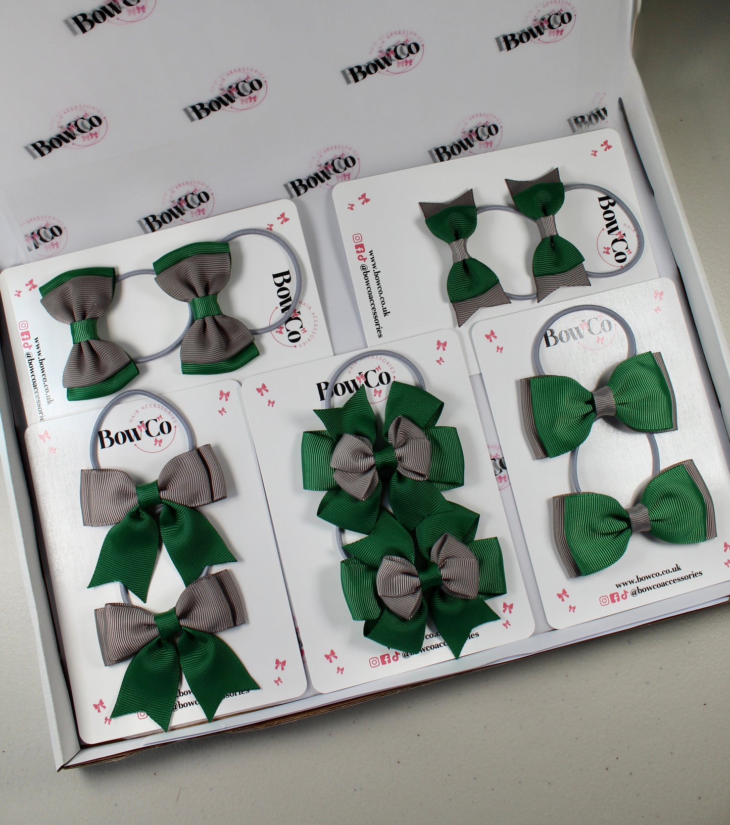 School Bow Bundle Saver - 10 Pack - Forest Green and Grey - Elastic