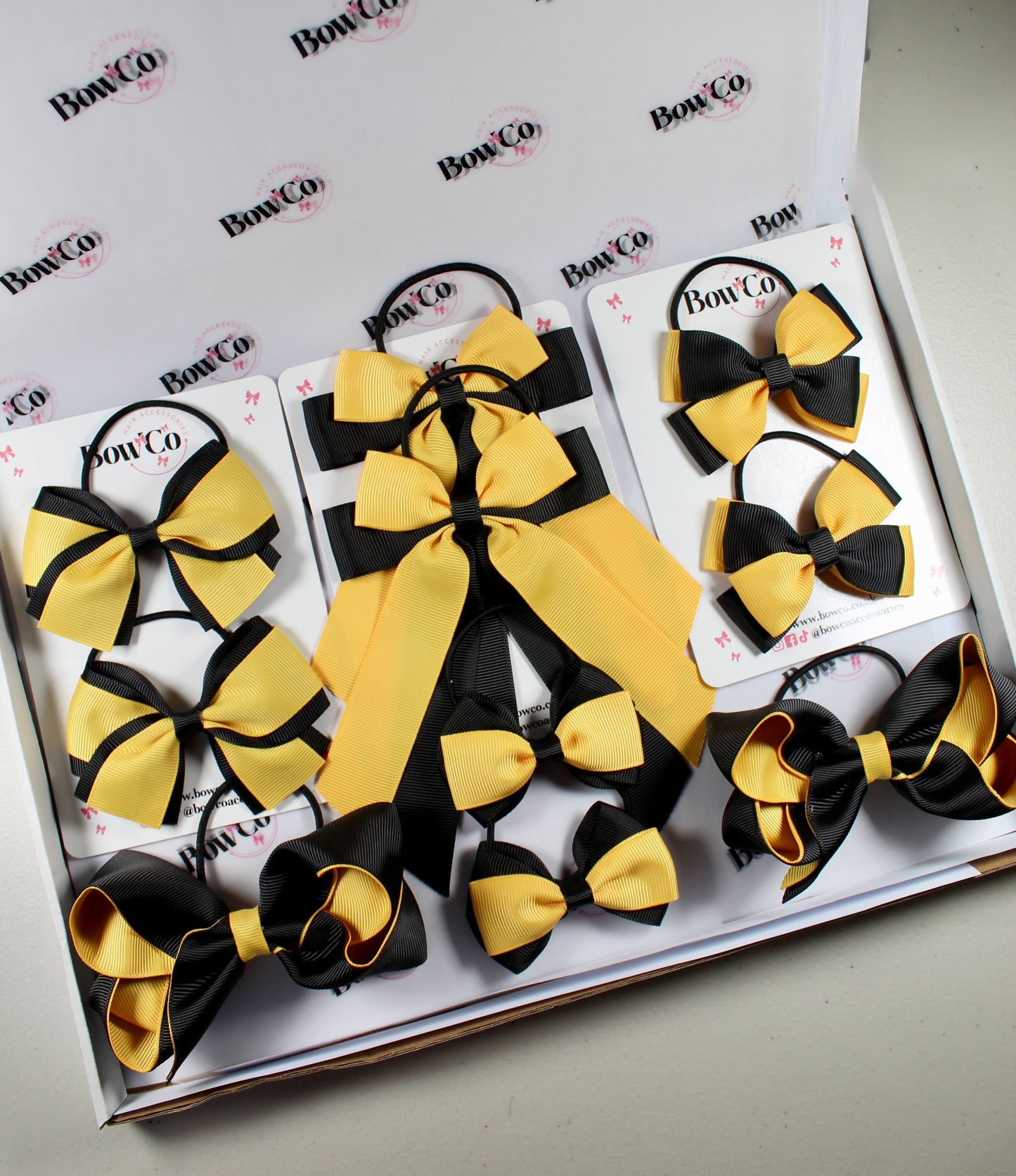 School Bow Bundle Saver - 10 Pack - Black and Yellow Gold - Elastic