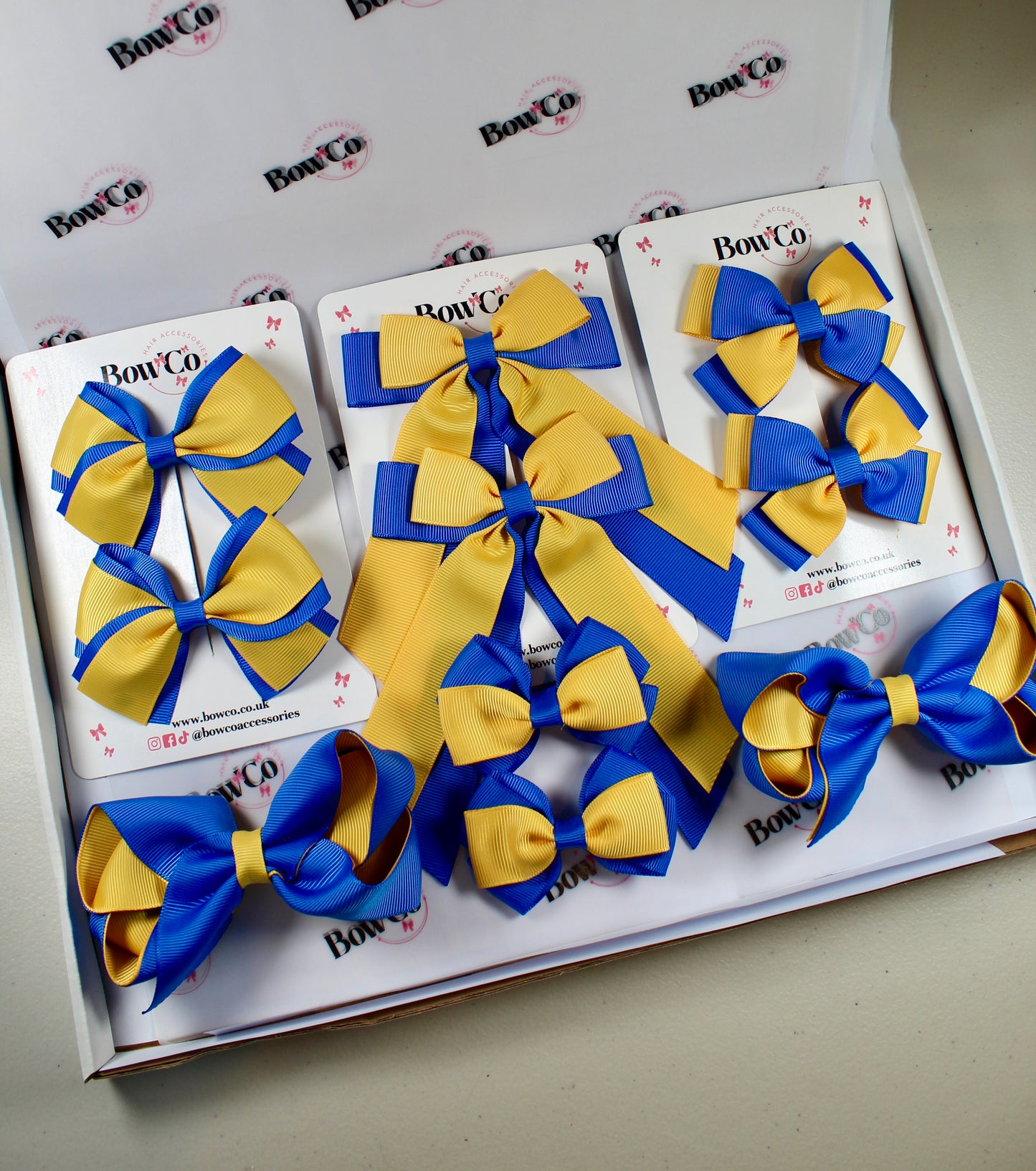 School Bow Bundle Saver - 10 Pack - Royal Blue and Yellow Gold - Clip
