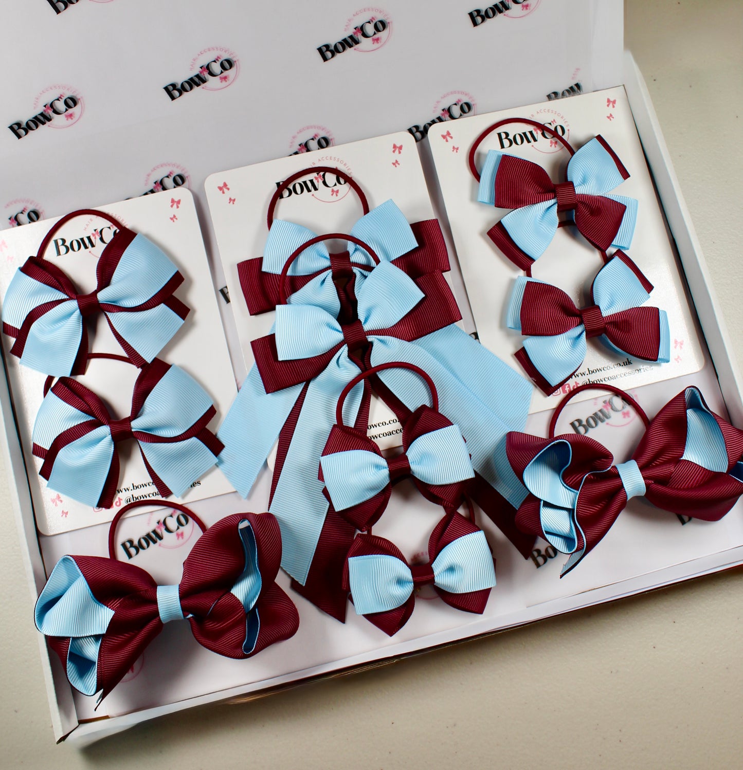School Bow Bundle Saver- 10 Pack - Burgundy and Blue Topaz - Elastic