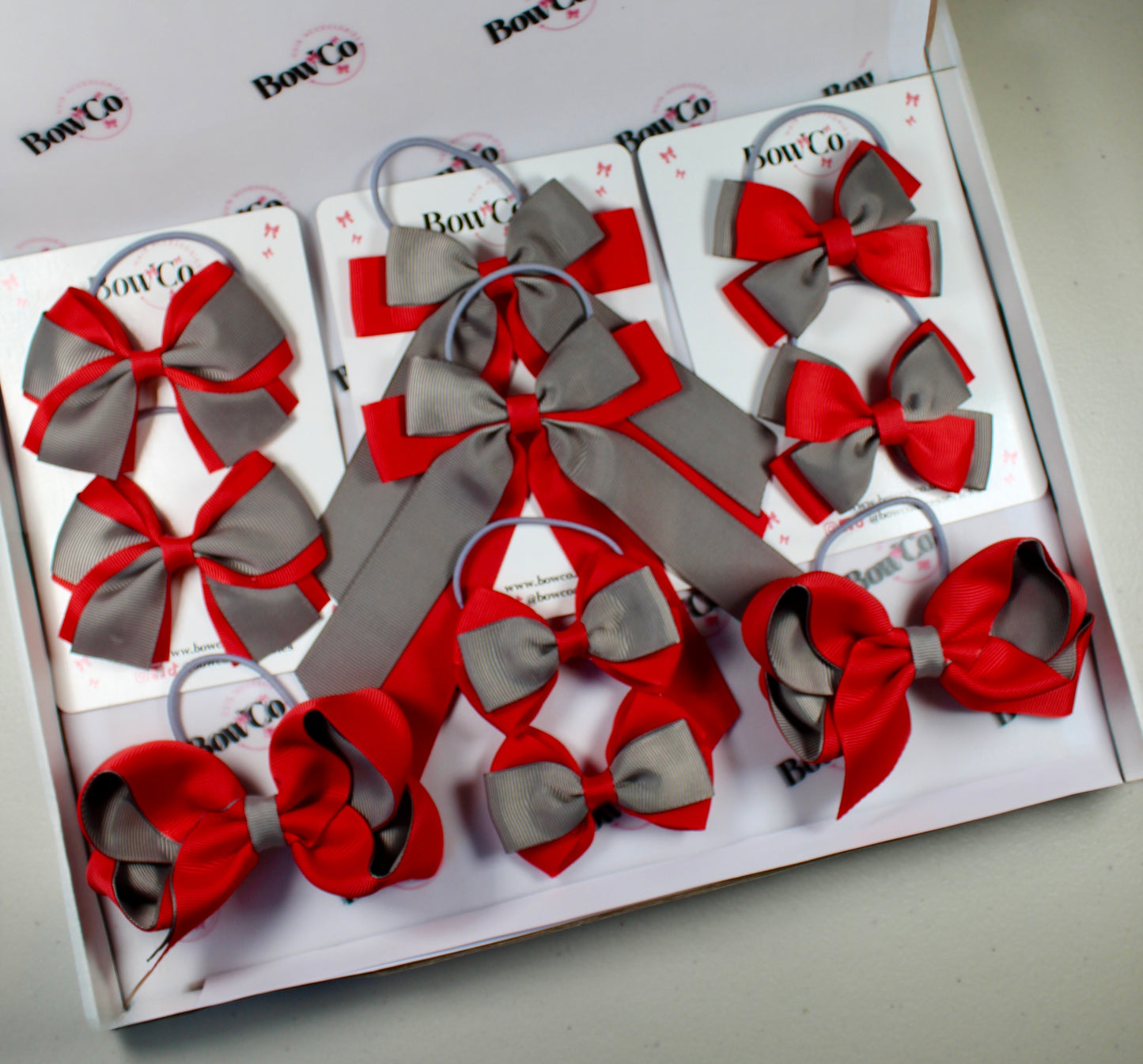 School Bow Bundle Saver - 10 Pack - Red and Grey - Elastic