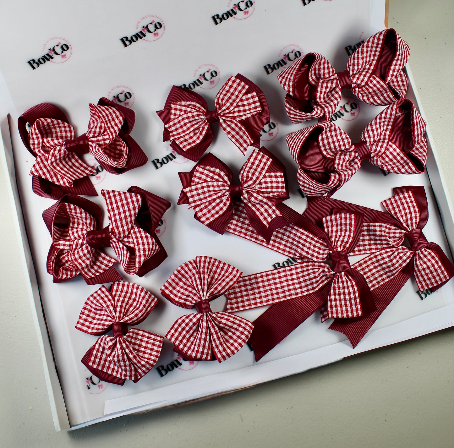 Burgundy Gingham School Bow Bundle M/L - Clip - 10 Bows