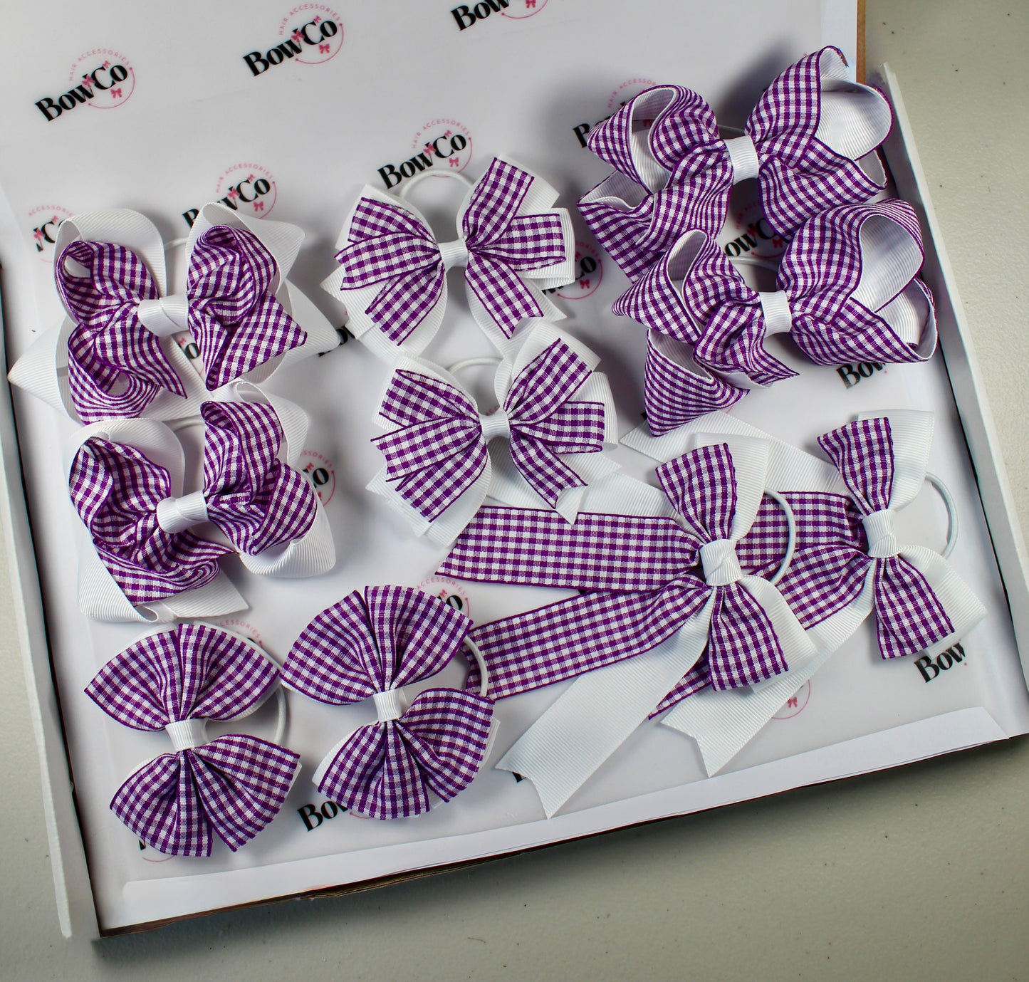 Purple Gingham School Bow Bundle M/L - Elastic - 10 Bows