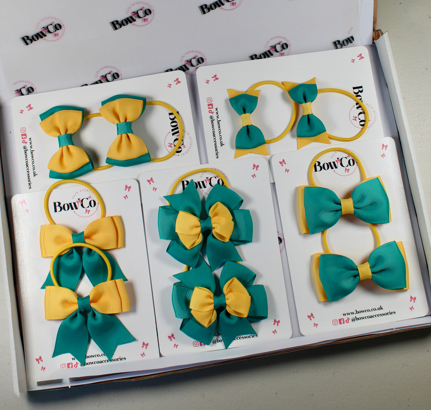 School Bow Bundle Saver - 10 Pack - Jade Green and Yellow Gold - Elastic