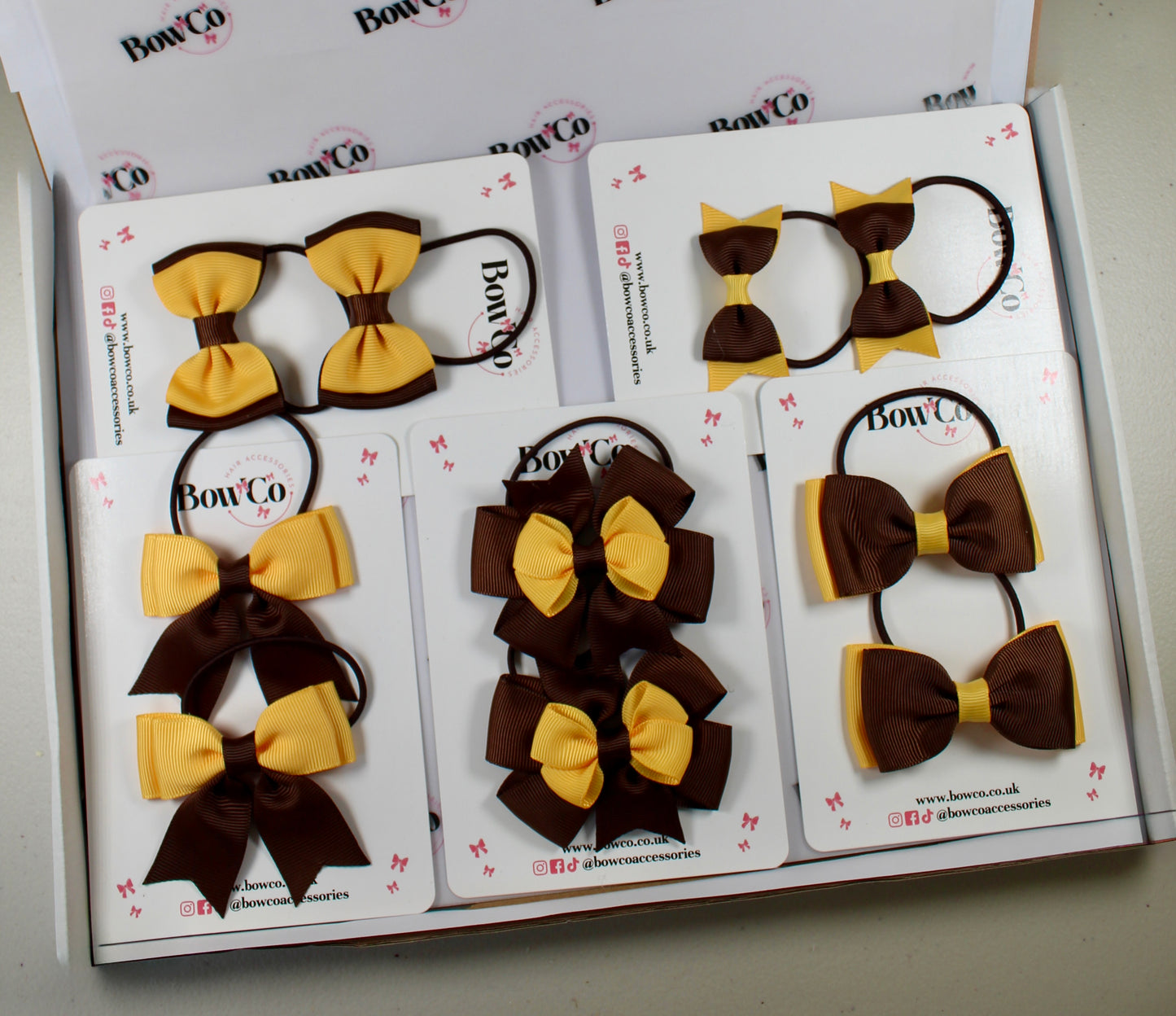 School Bow Bundle Saver - 10 Pack - Brown and Yellow Gold - Elastic