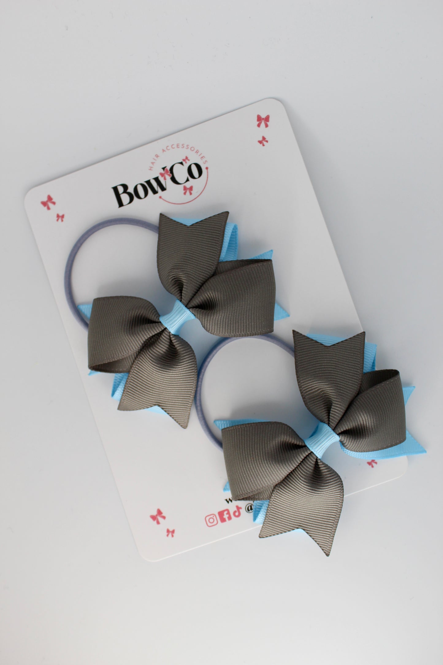 3 Inch Layer Tail Bow - Elastic - 2 Pack - Blue Topaz and Metal Grey