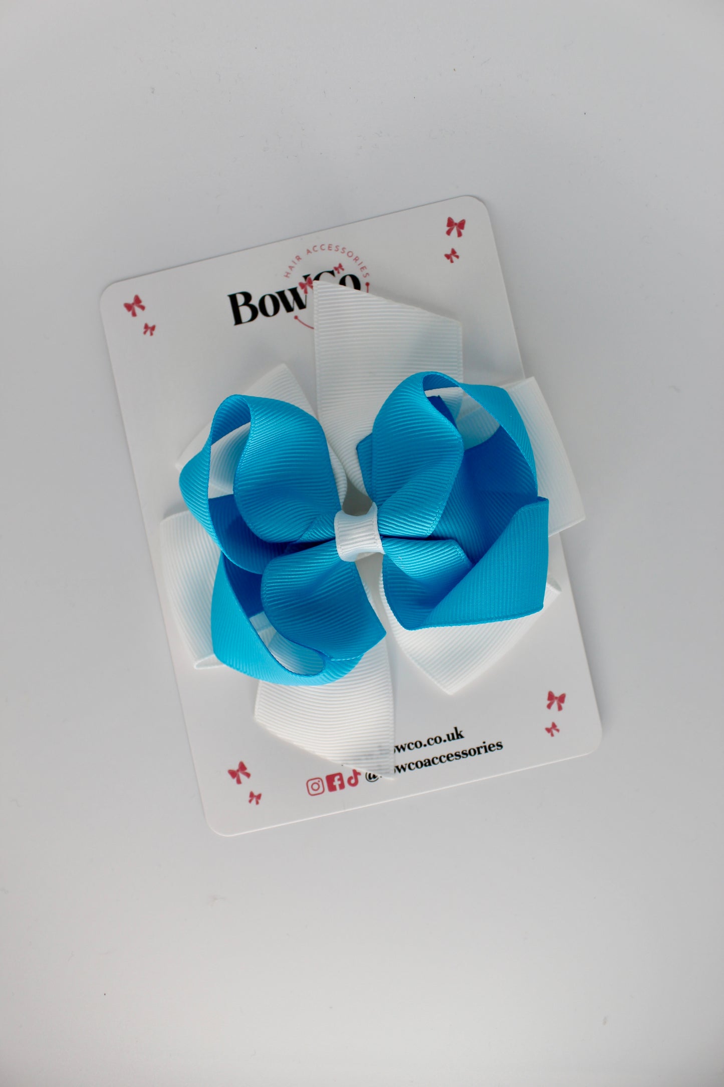 4.5 Inch Double Bow - Clip - Turquoise and White