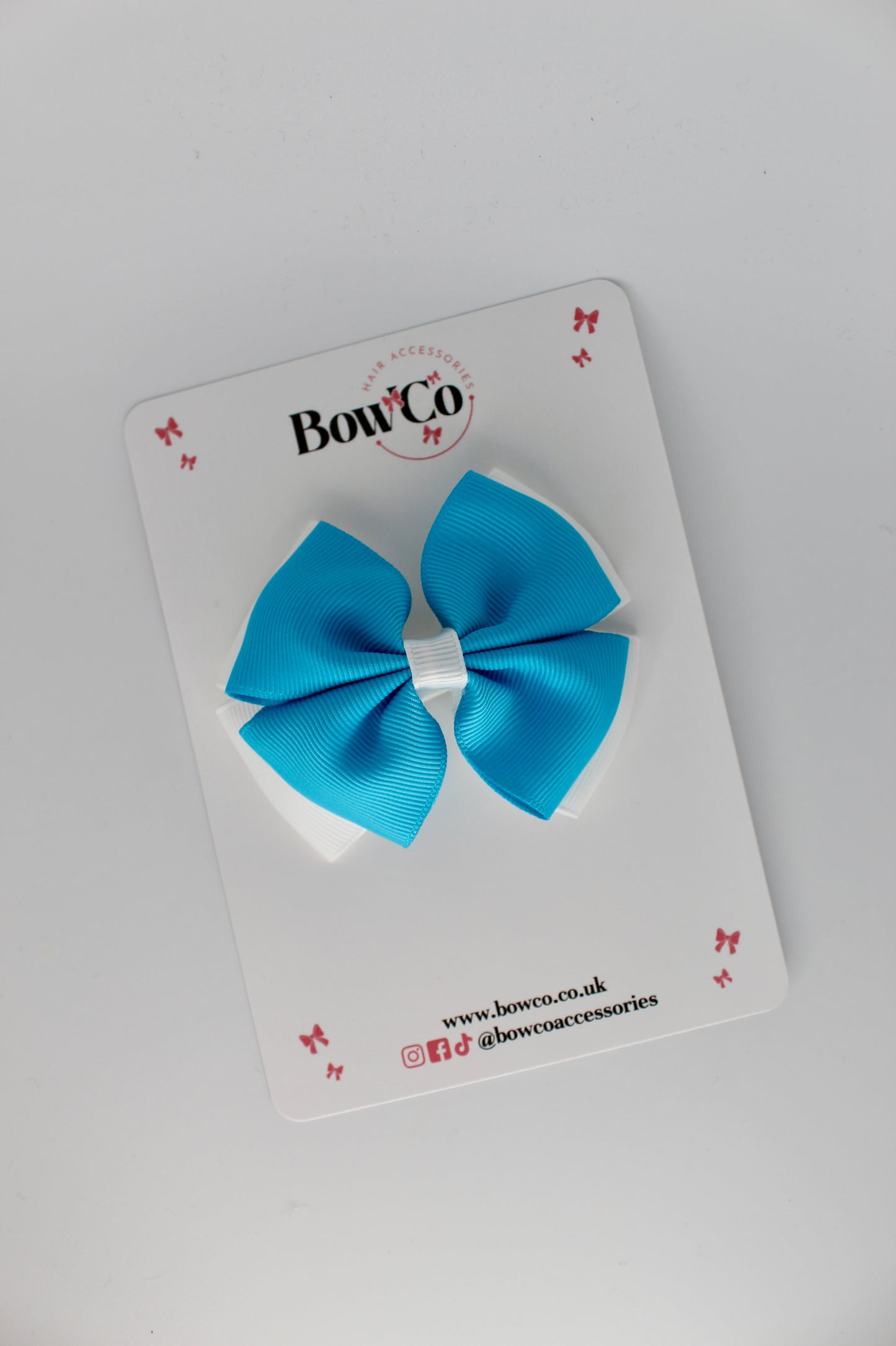 Double Layer Bow - Clip - Turquoise and White
