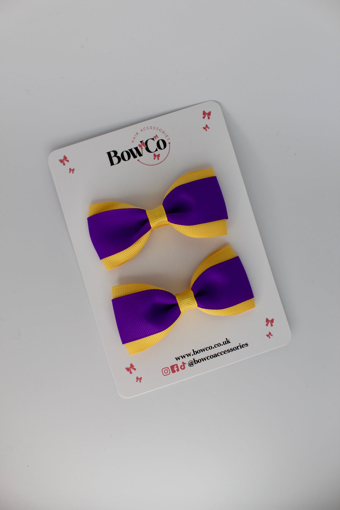 3 Inch Tuxedo Bow Set - Clip - Purple and Yellow Gold