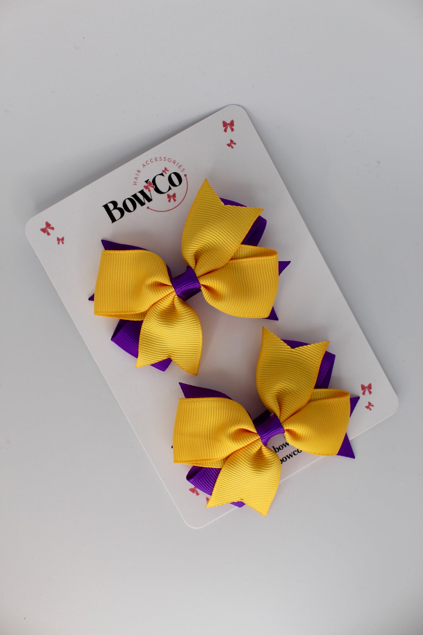 3 Inch Layer Tail Bow - Clip - 2 Pack - Purple and Yellow Gold
