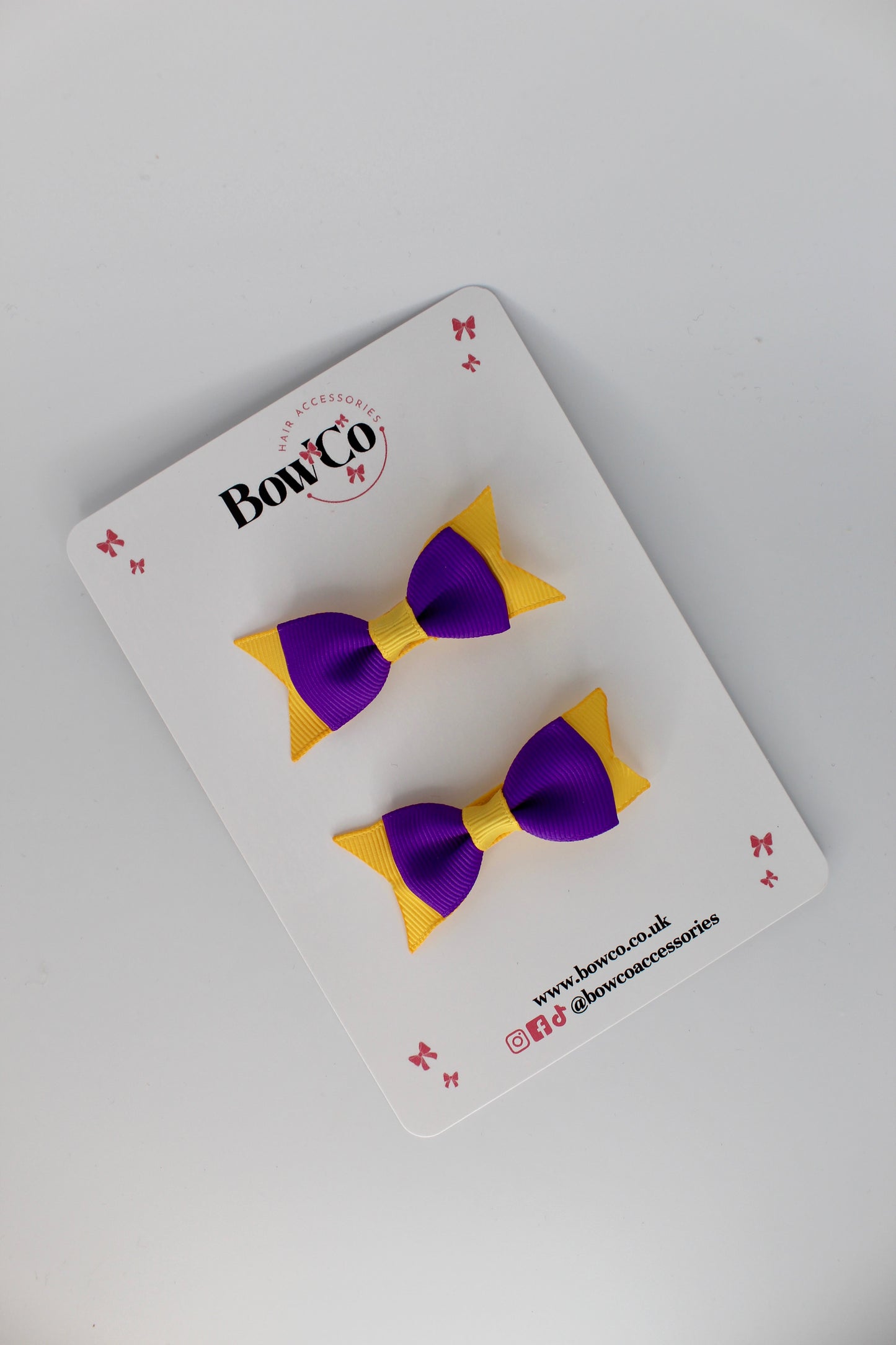 2.5 Inch Layer Tail Bow - Clip - 2 Pack - Purple and Yellow Gold