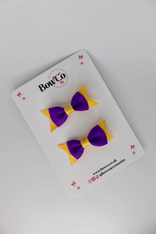 2.5 Inch Layer Tail Bow - Clip - 2 Pack - Purple and Yellow Gold