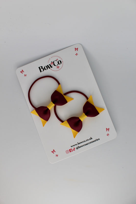 2.5 Inch Layer Tail Bow - Elastic - 2 Pack - Burgundy and Yellow Gold
