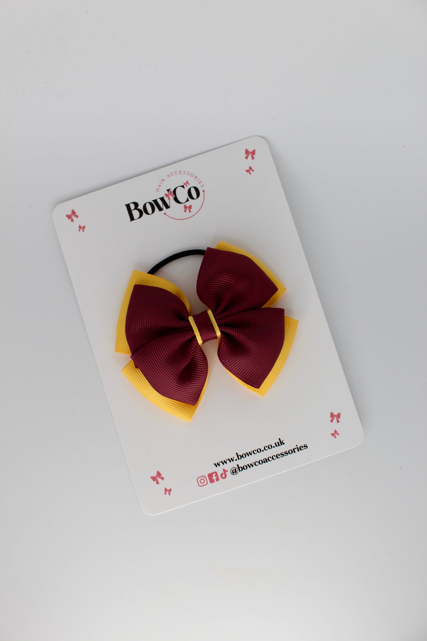 3 Inch Layer Edge Bow - Elastic Bobble - Burgundy and Yellow Gold