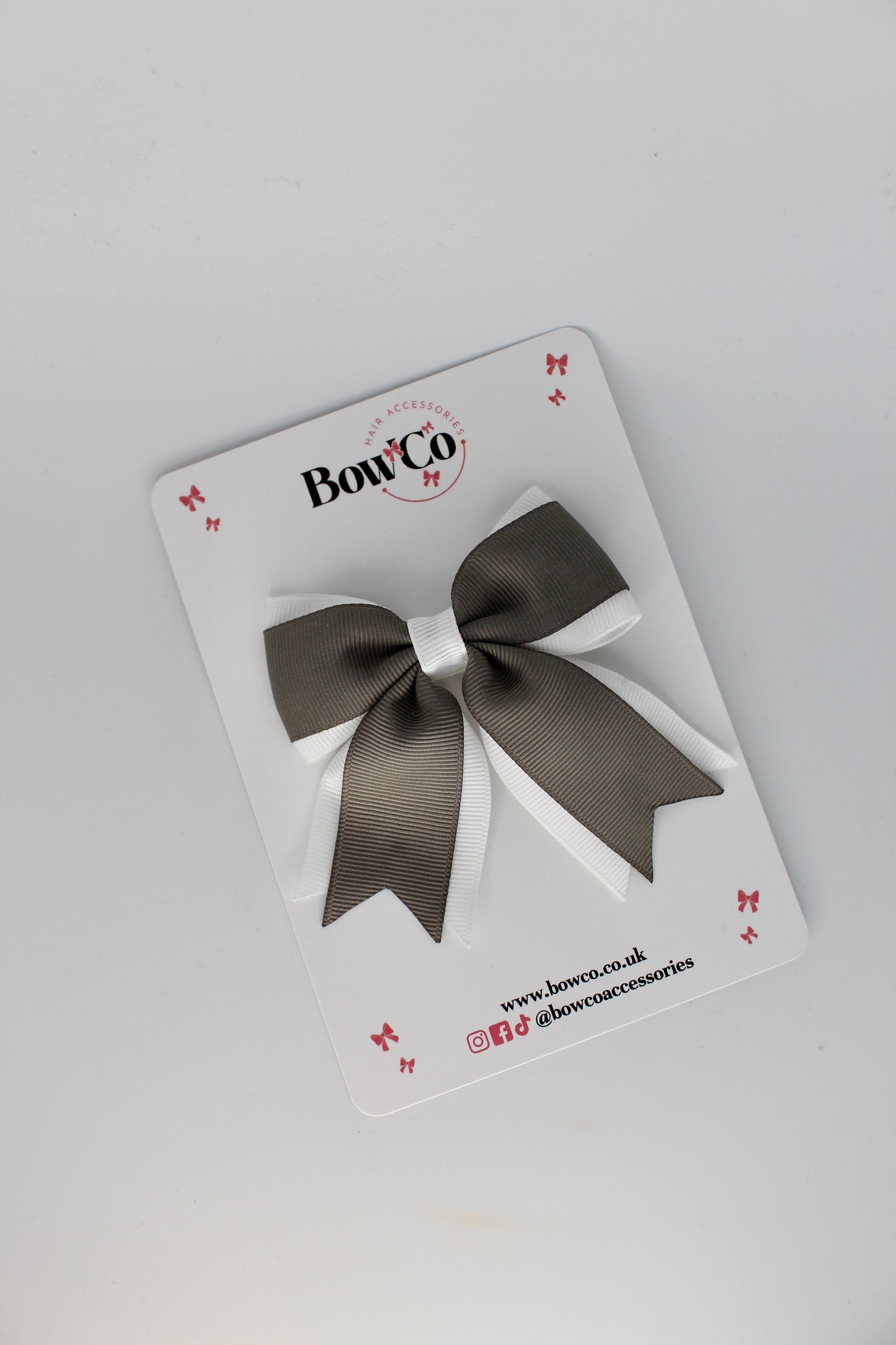 3 Inch Tail Bow Clip - Metal Grey and White