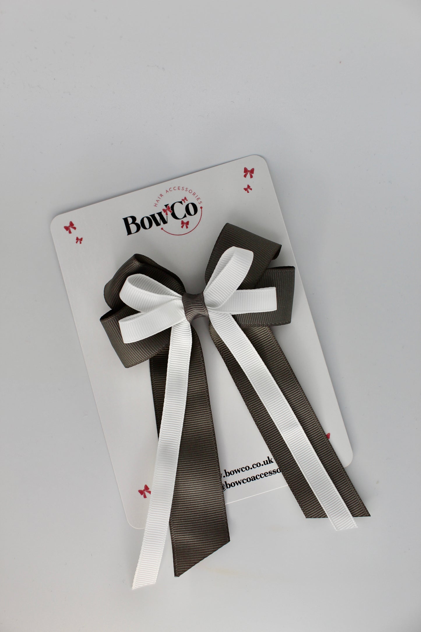 4 Inch Loop Bow Clip PonyTail - Metal Grey and White