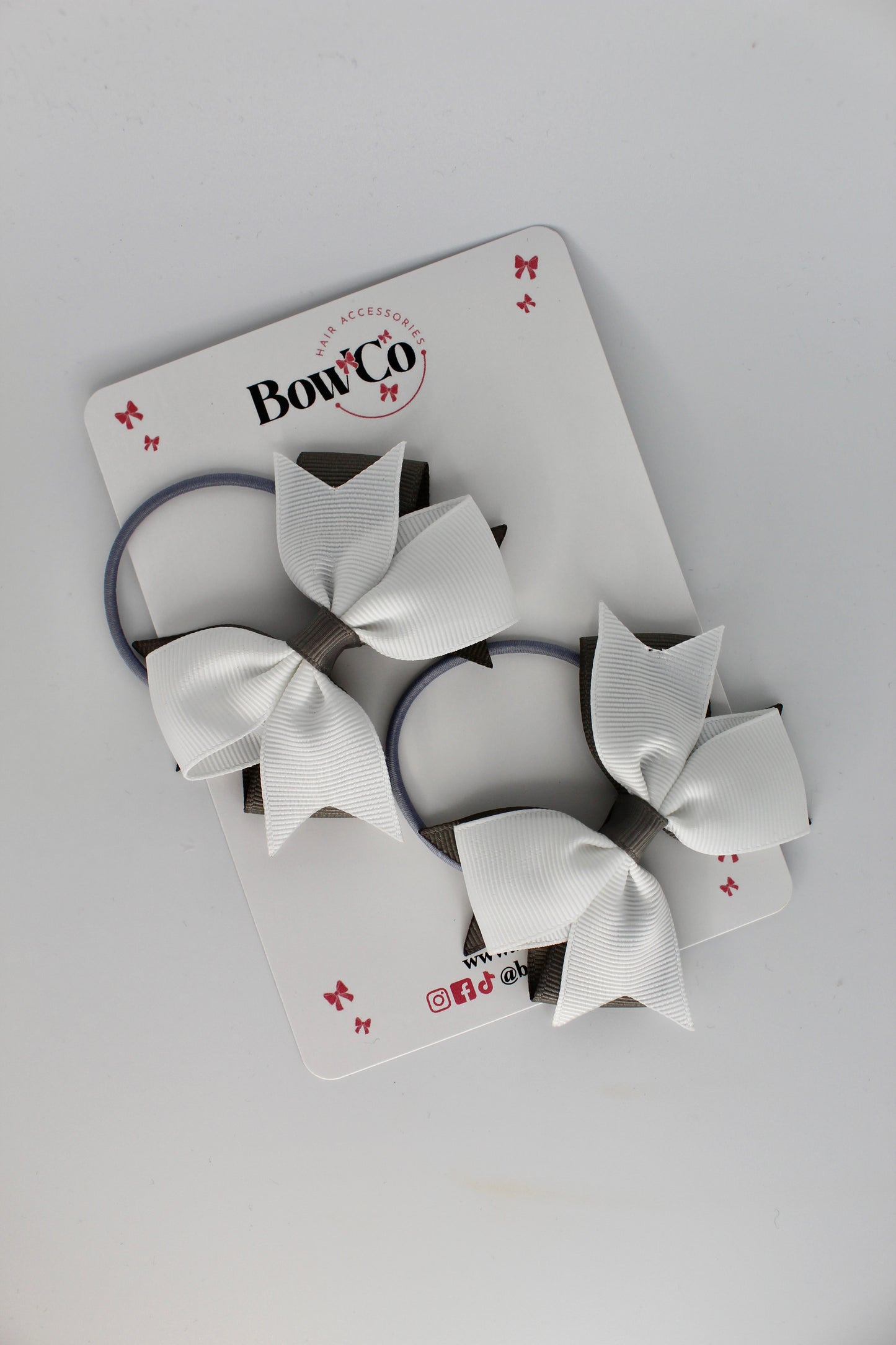 3 Inch Layer Tail Bow - Elastic Bobble - 2 Pack - Metal Grey and White